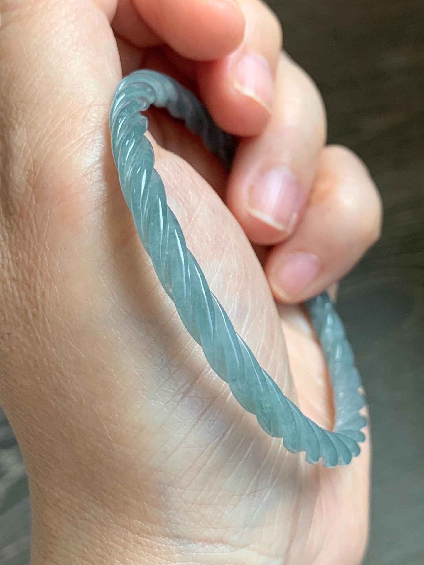 Certified Natural Grade A Guatemalan Icy Translucent Pastel Dusty Blue Jade Jadeite Carved Braid Slim Bangle 57.8mm 7.15” 天然冰危浅灰蓝翡翠细麻花手镯 480