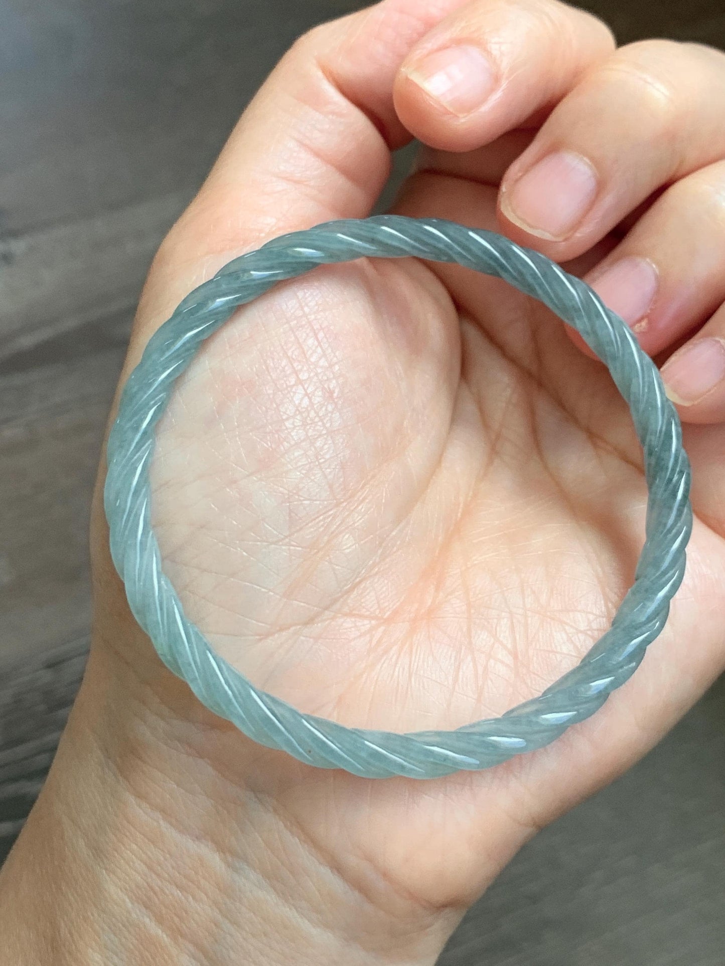 Certified Natural Grade A Guatemalan Icy Translucent Pastel Dusty Blue Jade Jadeite Carved Braid Slim Bangle 57.8mm 7.15” 天然冰危浅灰蓝翡翠细麻花手镯 480