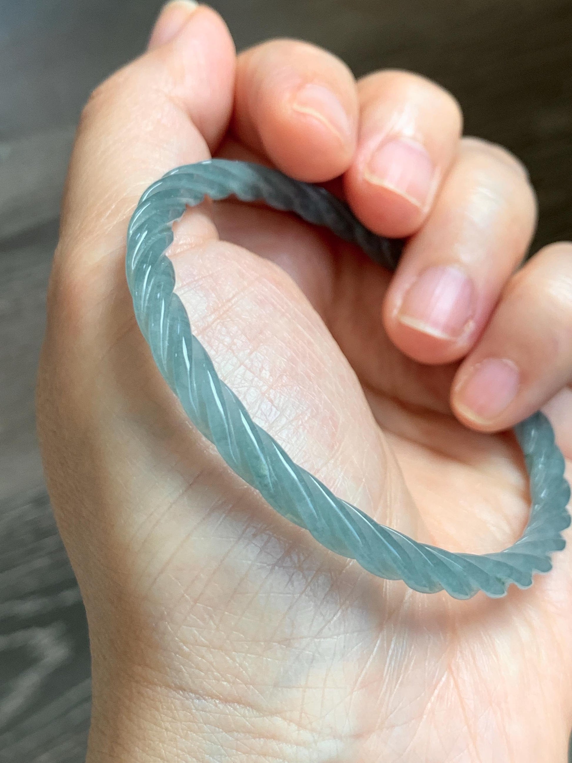 Certified Natural Grade A Guatemalan Icy Translucent Pastel Dusty Blue Jade Jadeite Carved Braid Slim Bangle 57.8mm 7.15” 天然冰危浅灰蓝翡翠细麻花手镯 480