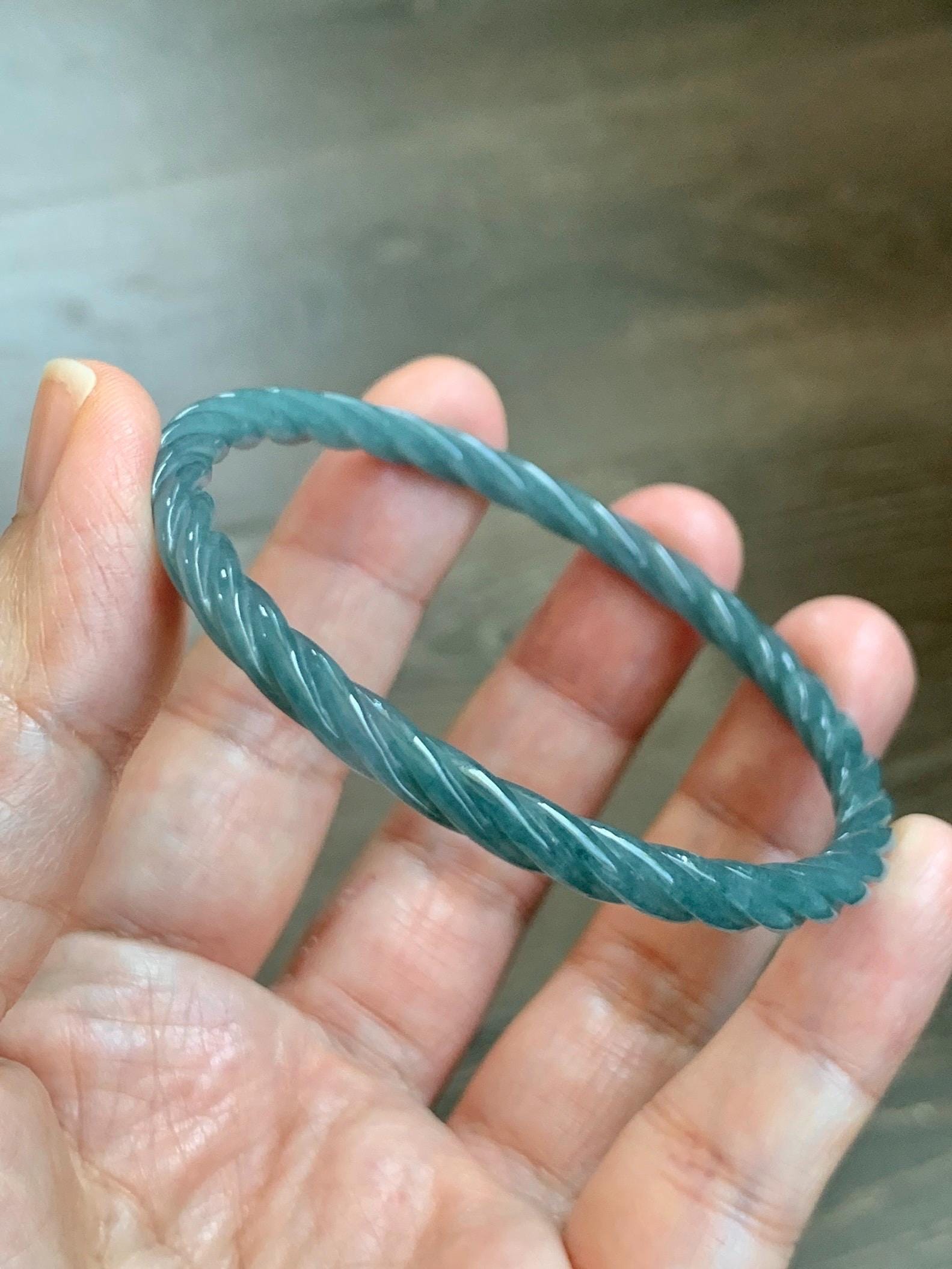 Certified Natural Grade A Guatemalan Icy Translucent Dark Dusty Blue Jade Jadeite Carved Braid Slim Bangle 57.8mm 7.15” 天然冰危深灰蓝翡翠细麻花手镯 478