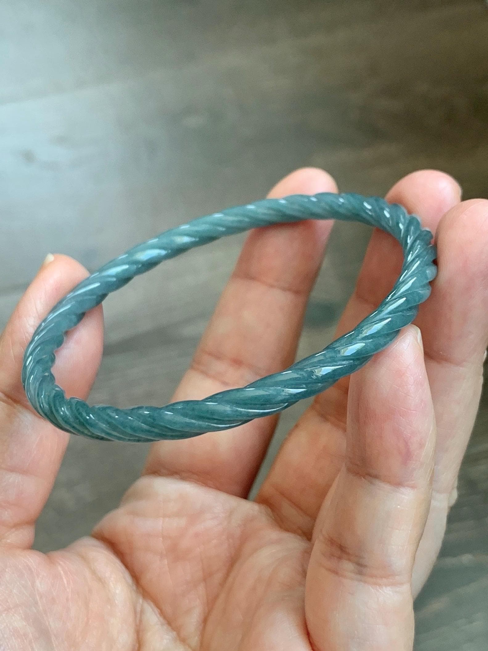 Certified Natural Grade A Guatemalan Icy Translucent Dark Dusty Blue Jade Jadeite Carved Braid Slim Bangle 57.8mm 7.15” 天然冰危深灰蓝翡翠细麻花手镯 478