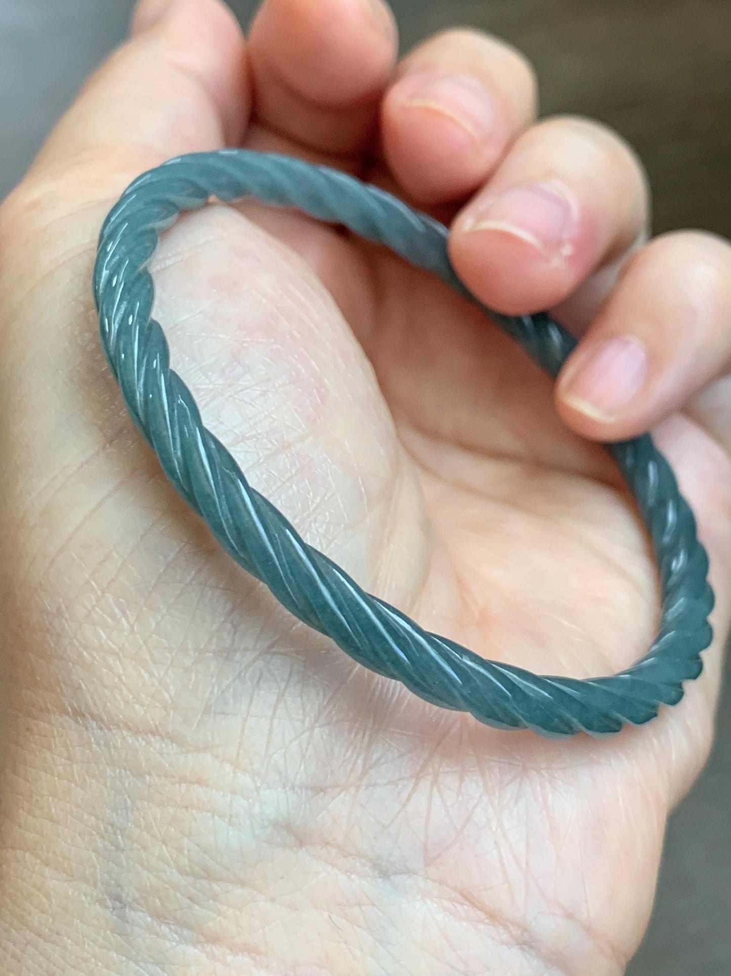 Certified Natural Grade A Guatemalan Icy Translucent Dark Dusty Blue Jade Jadeite Carved Braid Slim Bangle 57.8mm 7.15” 天然冰危深灰蓝翡翠细麻花手镯 478