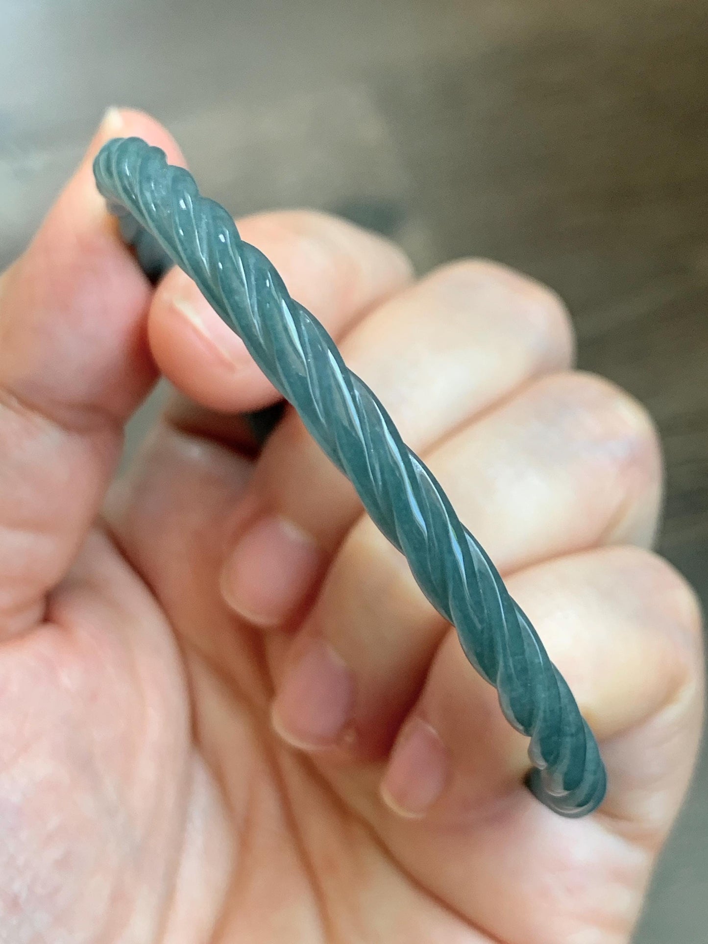 Certified Natural Grade A Guatemalan Icy Translucent Dark Dusty Blue Jade Jadeite Carved Braid Slim Bangle 57.8mm 7.15” 天然冰危深灰蓝翡翠细麻花手镯 478