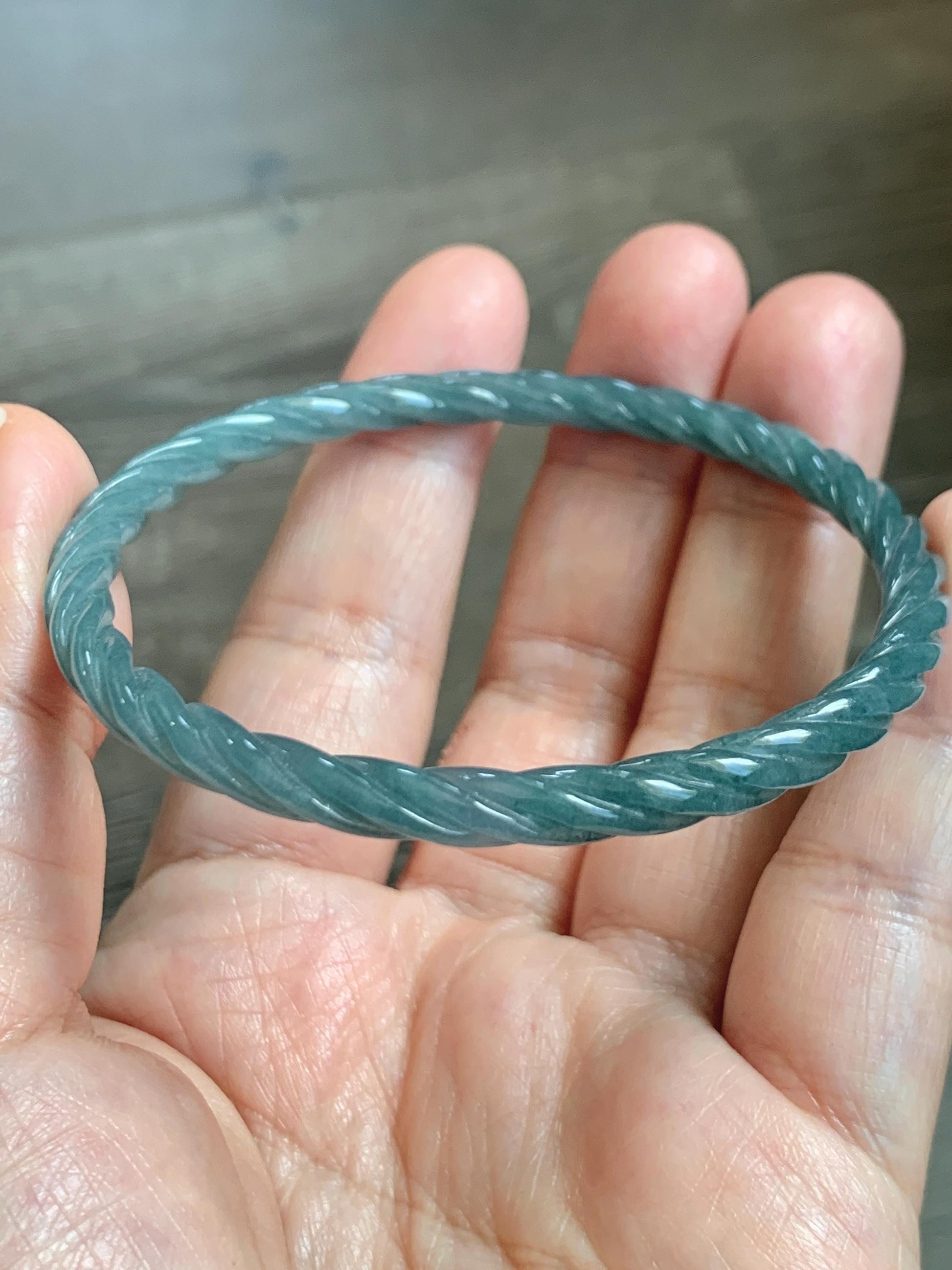 Certified Natural Grade A Guatemalan Icy Translucent Dark Dusty Blue Jade Jadeite Carved Braid Slim Bangle 57.8mm 7.15” 天然冰危深灰蓝翡翠细麻花手镯 478