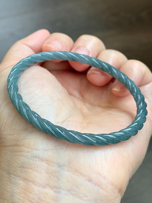 Certified Natural Grade A Guatemalan Icy Translucent Dark Dusty Blue Jade Jadeite Carved Braid Slim Bangle 57.8mm 7.15” 天然冰危深灰蓝翡翠细麻花手镯 478