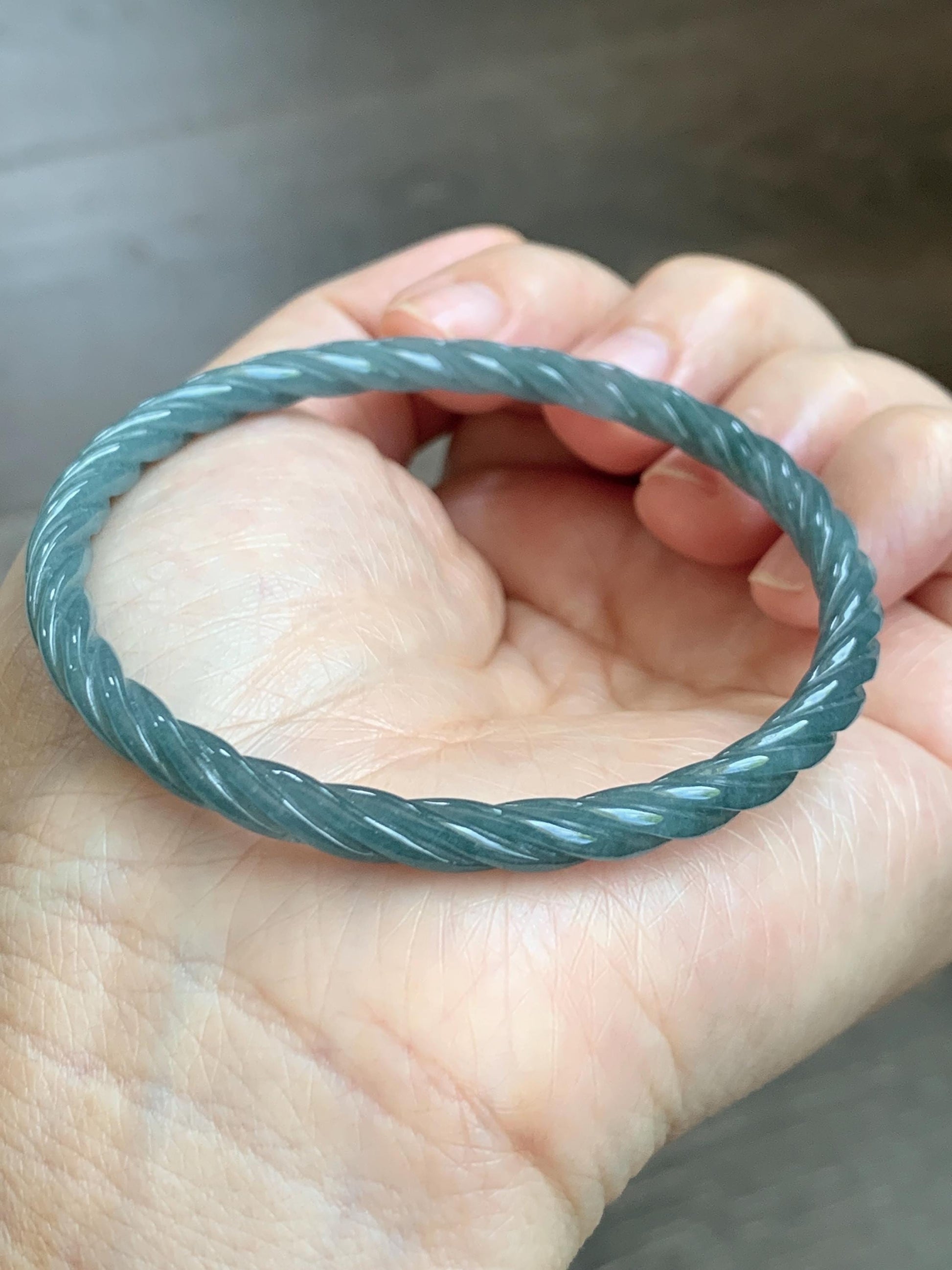 Certified Natural Grade A Guatemalan Icy Translucent Dark Dusty Blue Jade Jadeite Carved Braid Slim Bangle 57.8mm 7.15” 天然冰危深灰蓝翡翠细麻花手镯 478