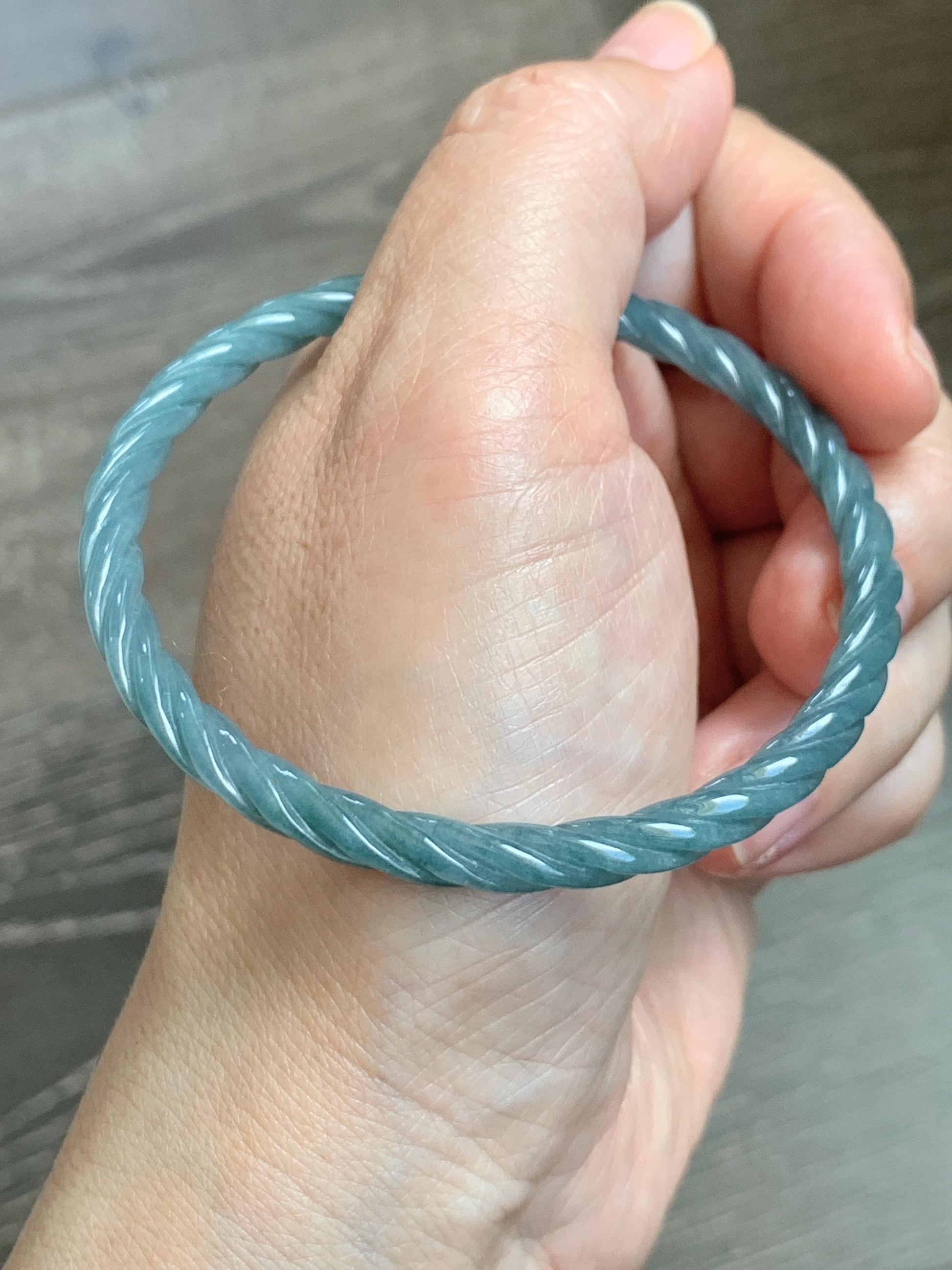 Certified Natural Grade A Guatemalan Icy Translucent Dark Dusty Blue Jade Jadeite Carved Braid Slim Bangle 57.8mm 7.15” 天然冰危深灰蓝翡翠细麻花手镯 478