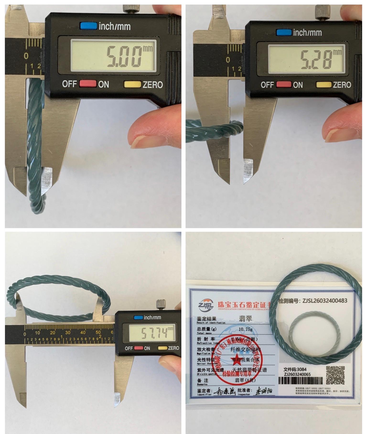 Certified Natural Grade A Guatemalan Icy Translucent Dark Dusty Blue Jade Jadeite Carved Braid Slim Bangle 57.7mm 7.14” 天然冰危深灰蓝翡翠细麻花手镯 483