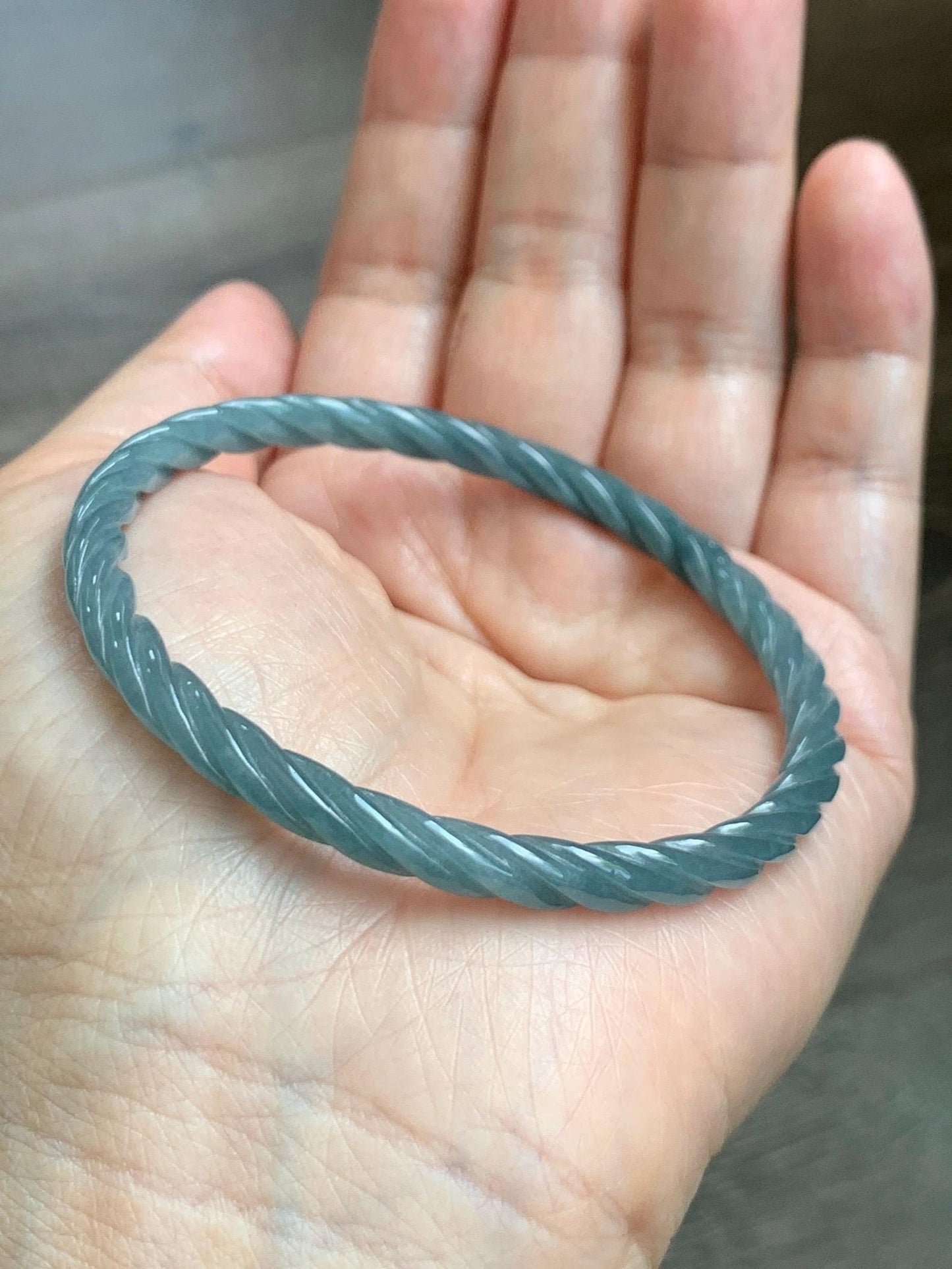 Certified Natural Grade A Guatemalan Icy Translucent Dark Dusty Blue Jade Jadeite Carved Braid Slim Bangle 57.7mm 7.14” 天然冰危深灰蓝翡翠细麻花手镯 483