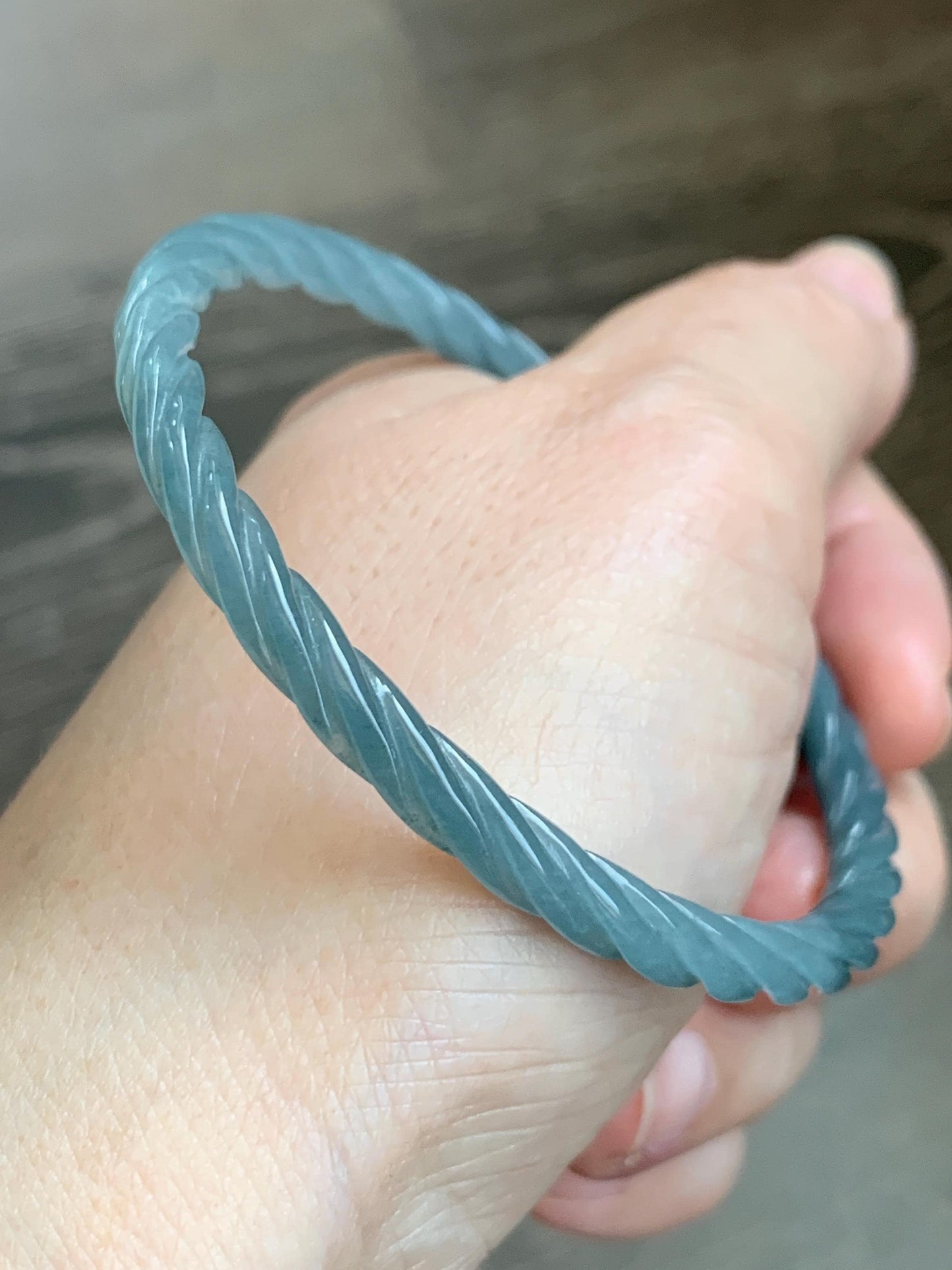 Certified Natural Grade A Guatemalan Icy Translucent Dark Dusty Blue Jade Jadeite Carved Braid Slim Bangle 57.7mm 7.14” 天然冰危深灰蓝翡翠细麻花手镯 483