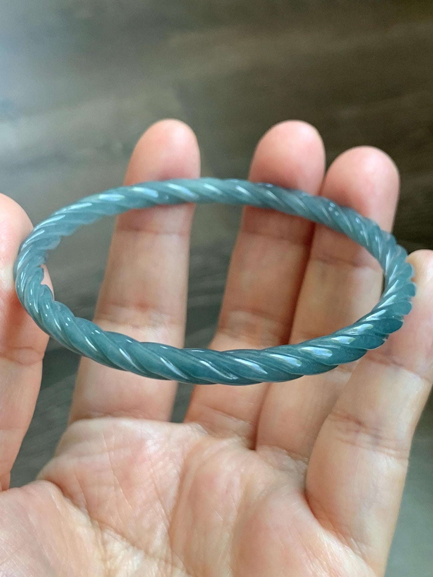 Certified Natural Grade A Guatemalan Icy Translucent Dark Dusty Blue Jade Jadeite Carved Braid Slim Bangle 57.7mm 7.14” 天然冰危深灰蓝翡翠细麻花手镯 483