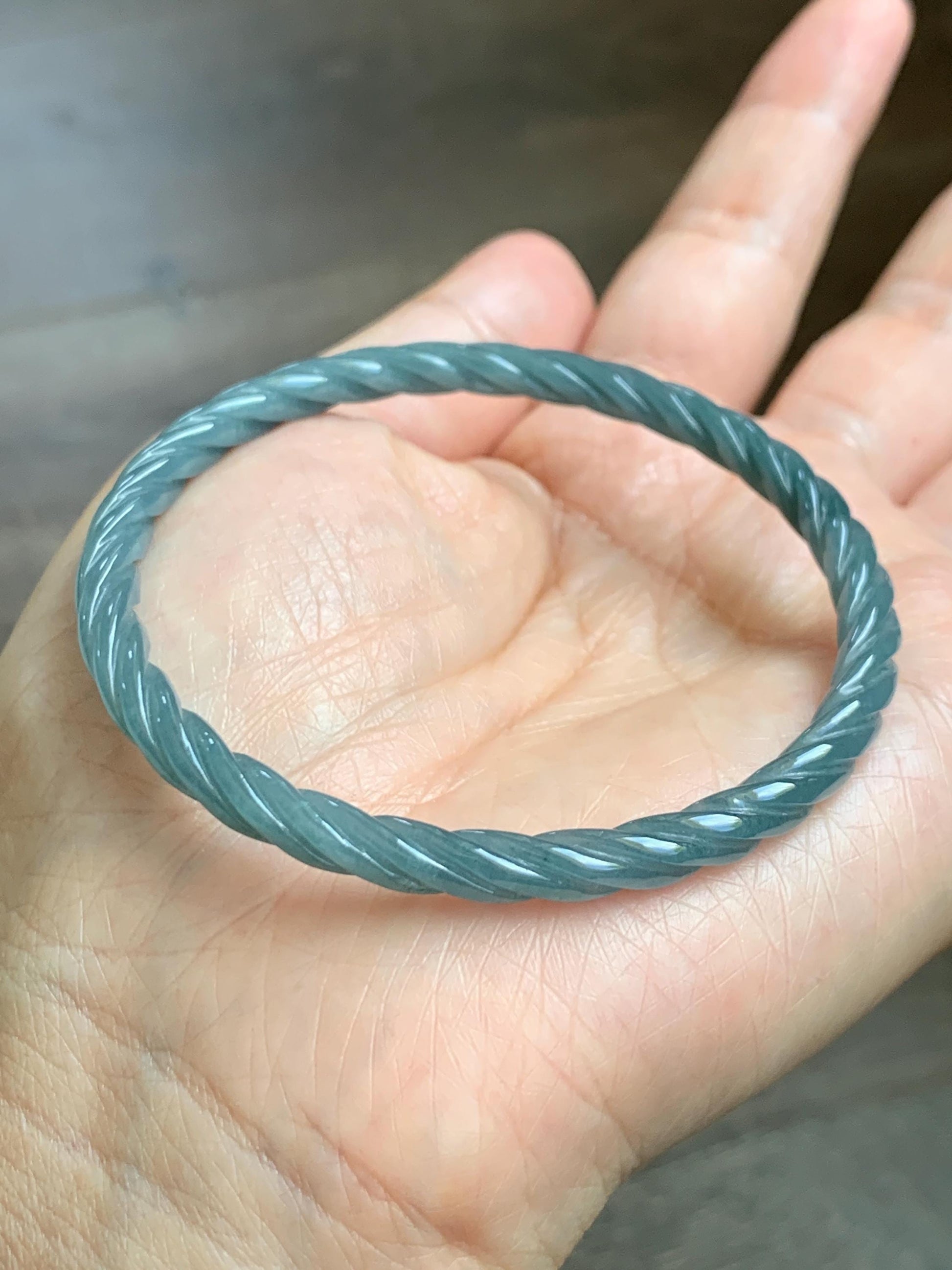 Certified Natural Grade A Guatemalan Icy Translucent Dark Dusty Blue Jade Jadeite Carved Braid Slim Bangle 57.7mm 7.14” 天然冰危深灰蓝翡翠细麻花手镯 483
