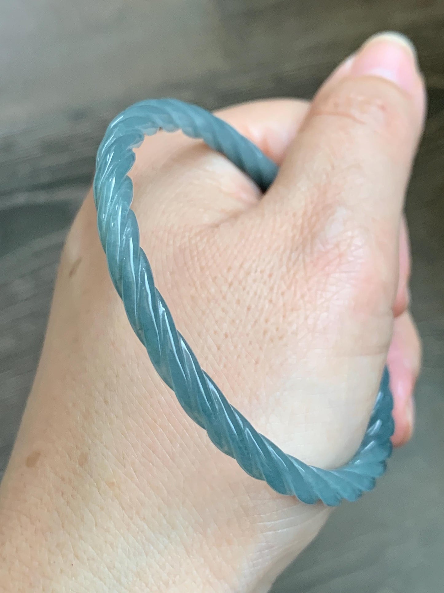 Certified Natural Grade A Guatemalan Icy Translucent Dark Dusty Blue Jade Jadeite Carved Braid Slim Bangle 57.7mm 7.14” 天然冰危深灰蓝翡翠细麻花手镯 483