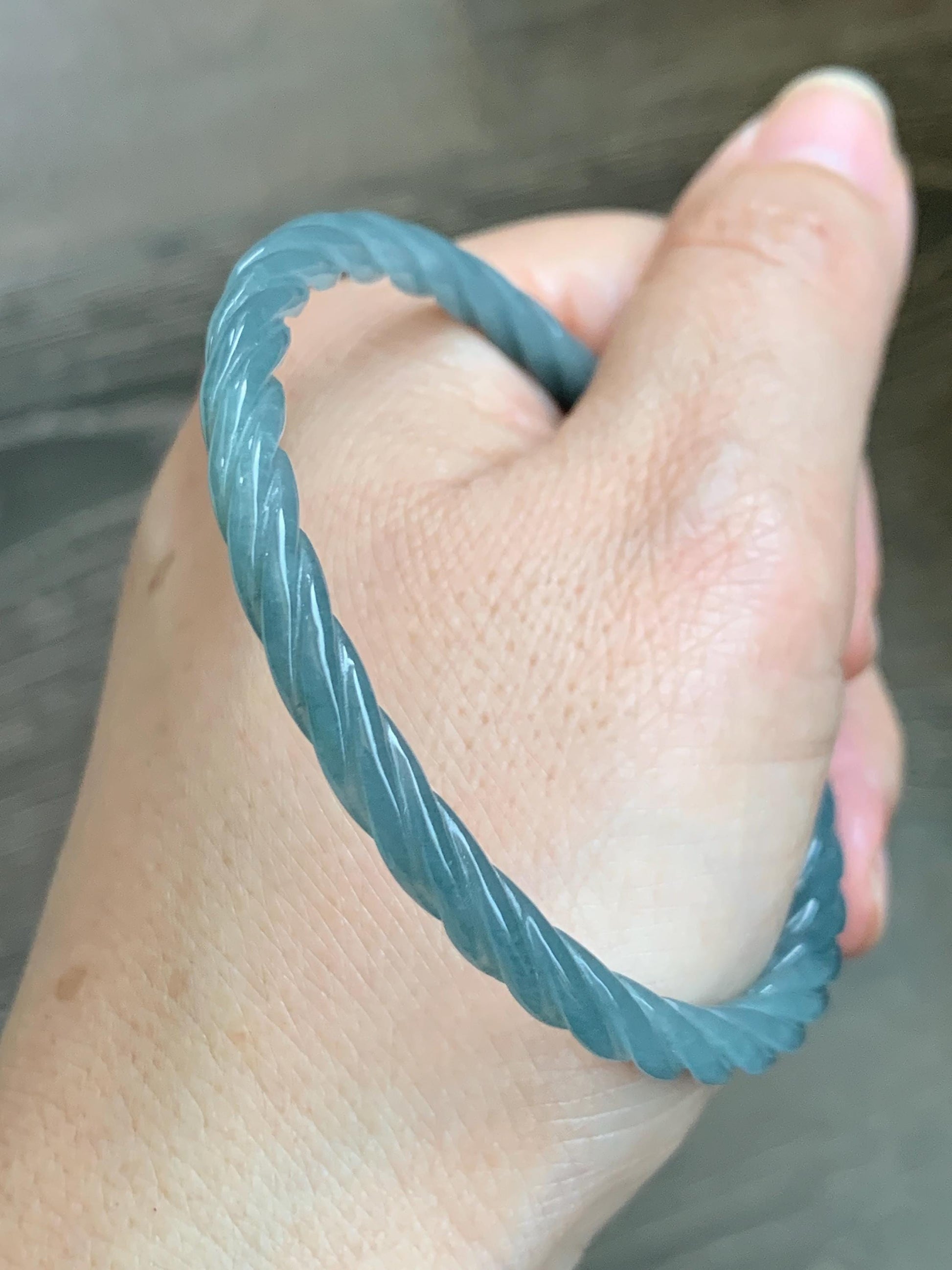 Certified Natural Grade A Guatemalan Icy Translucent Dark Dusty Blue Jade Jadeite Carved Braid Slim Bangle 57.7mm 7.14” 天然冰危深灰蓝翡翠细麻花手镯 483