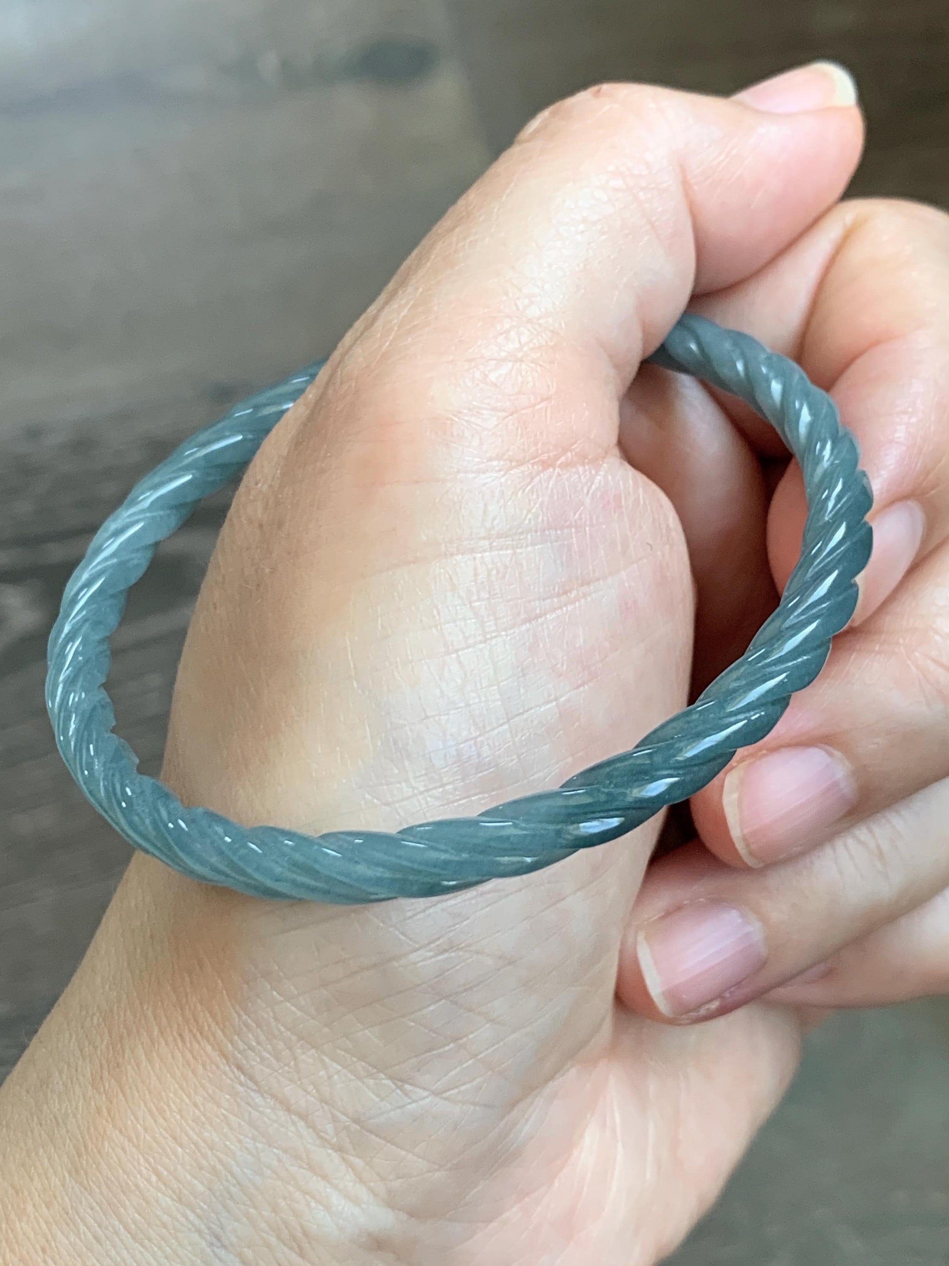 Certified Natural Grade A Guatemalan Icy Translucent Dark Dusty Blue Jade Jadeite Carved Braid Slim Bangle 57.7mm 7.14” 天然冰危深灰蓝翡翠细麻花手镯 483