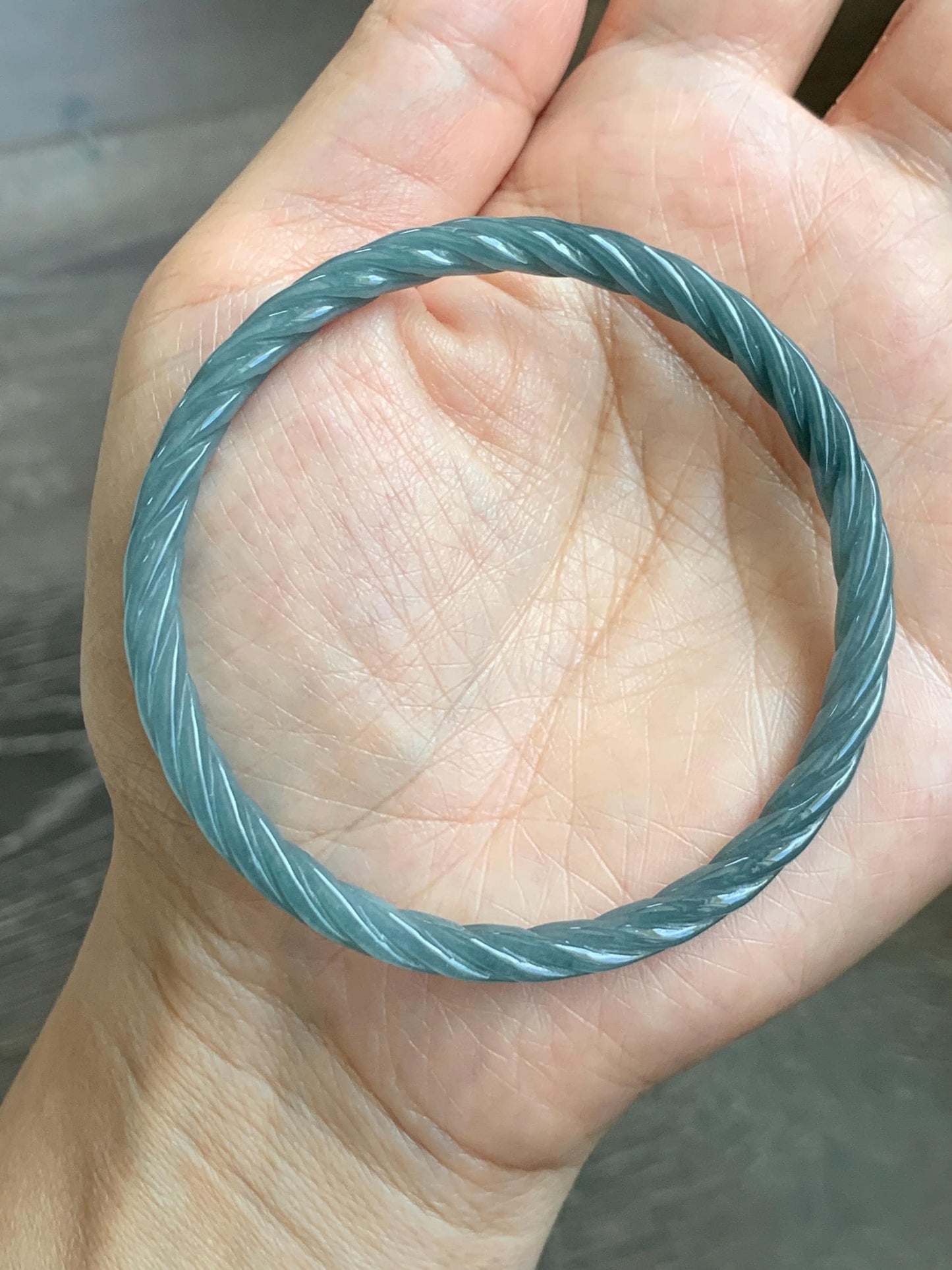 Certified Natural Grade A Guatemalan Icy Translucent Dark Dusty Blue Jade Jadeite Carved Braid Slim Bangle 57.7mm 7.14” 天然冰危深灰蓝翡翠细麻花手镯 483