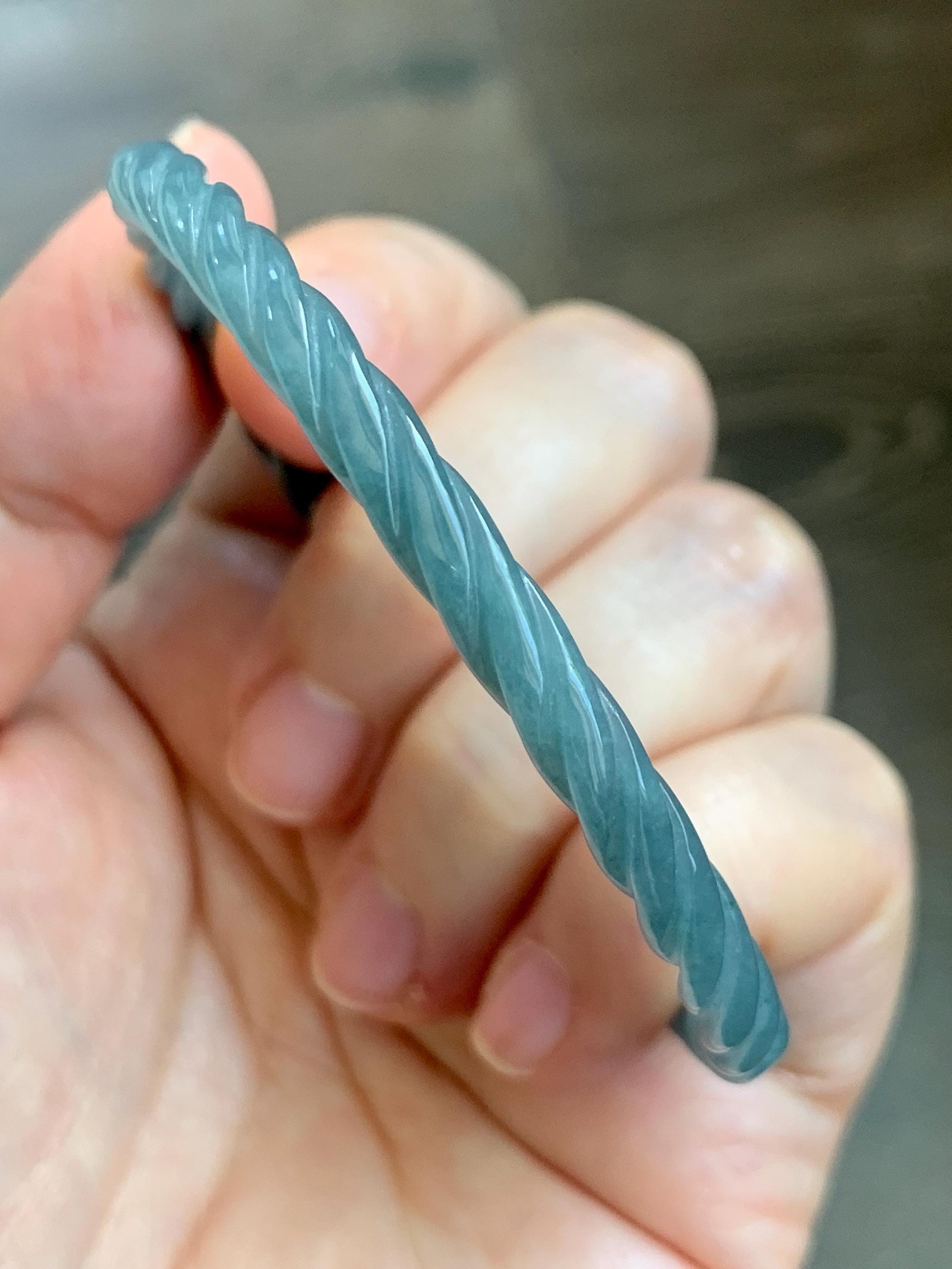Certified Natural Grade A Guatemalan Icy Translucent Dark Dusty Blue Jade Jadeite Carved Braid Slim Bangle 57.7mm 7.14” 天然冰危深灰蓝翡翠细麻花手镯 483