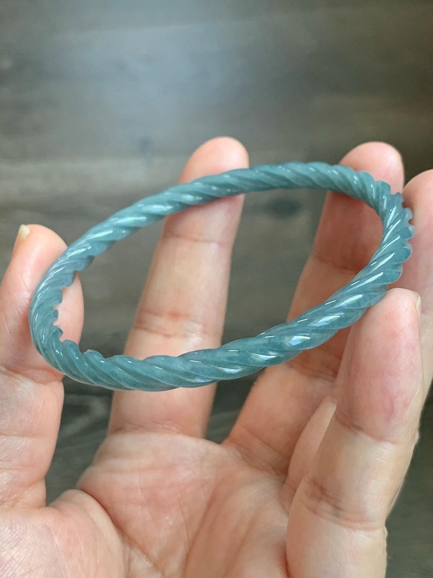 Certified Natural Grade A Guatemalan Icy Translucent Dark Dusty Blue Jade Jadeite Carved Braid Slim Bangle 58mm 7.17” 天然冰危深灰蓝翡翠细麻花手镯 479