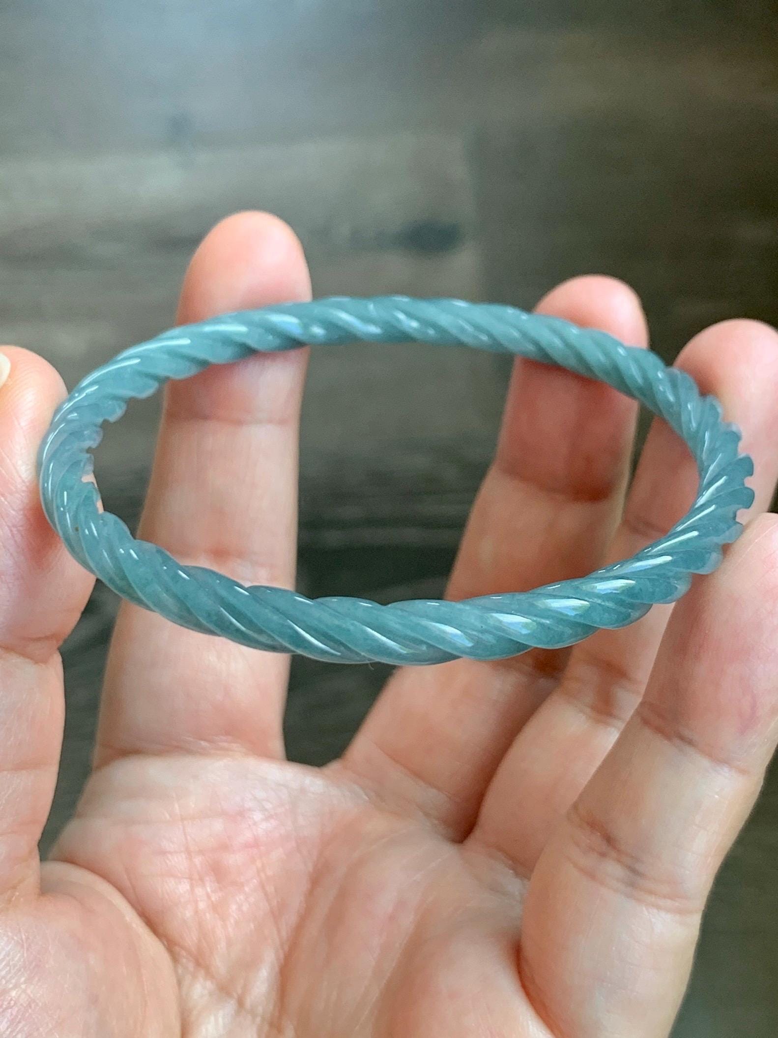 Certified Natural Grade A Guatemalan Icy Translucent Dark Dusty Blue Jade Jadeite Carved Braid Slim Bangle 58mm 7.17” 天然冰危深灰蓝翡翠细麻花手镯 479