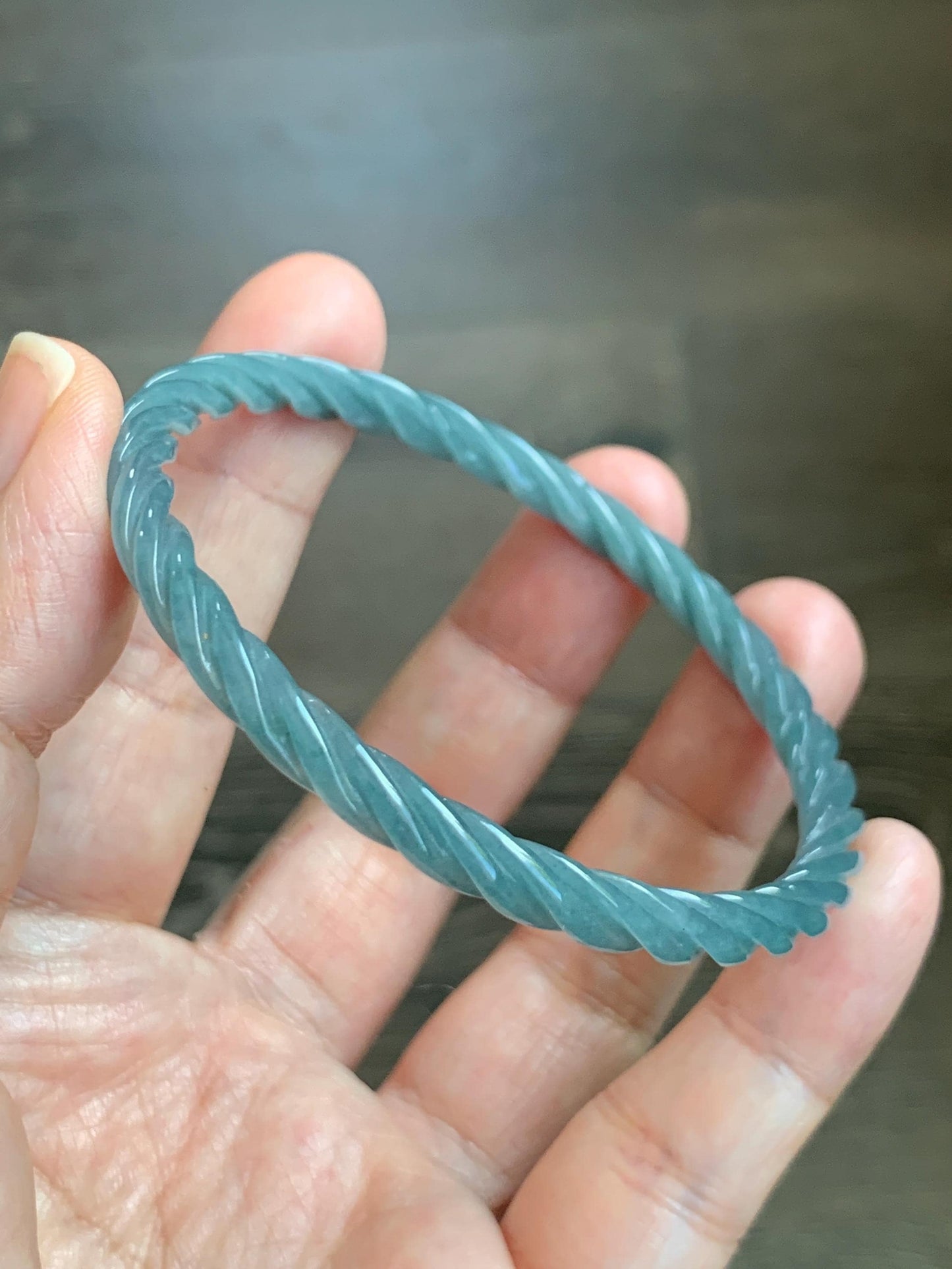 Certified Natural Grade A Guatemalan Icy Translucent Dark Dusty Blue Jade Jadeite Carved Braid Slim Bangle 58mm 7.17” 天然冰危深灰蓝翡翠细麻花手镯 479