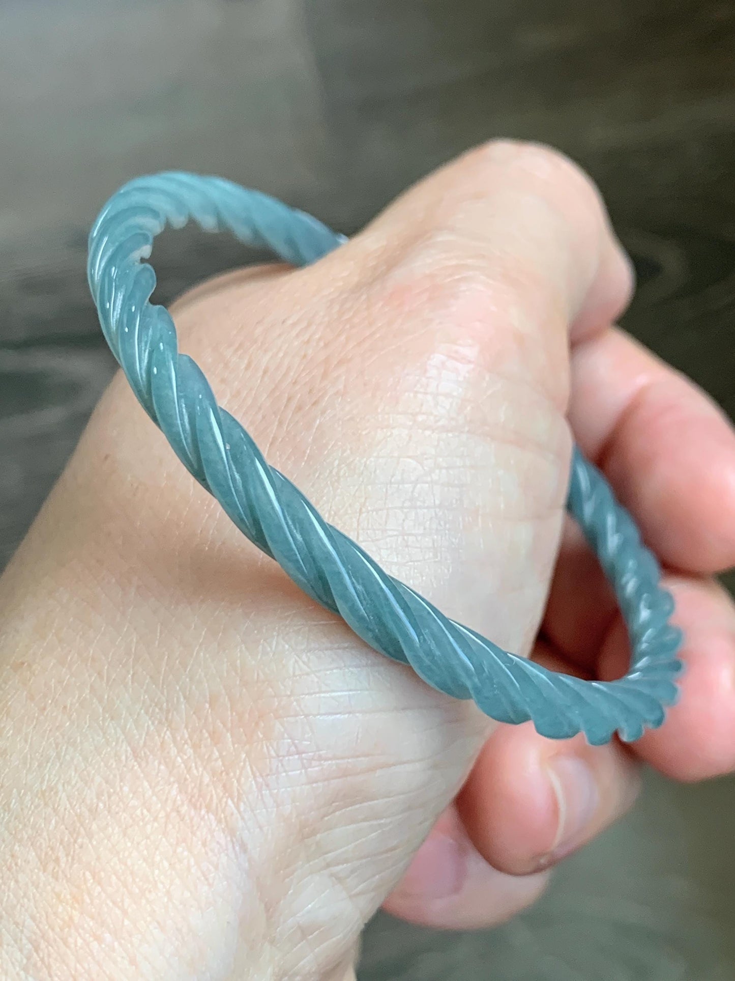 Certified Natural Grade A Guatemalan Icy Translucent Dark Dusty Blue Jade Jadeite Carved Braid Slim Bangle 58mm 7.17” 天然冰危深灰蓝翡翠细麻花手镯 479