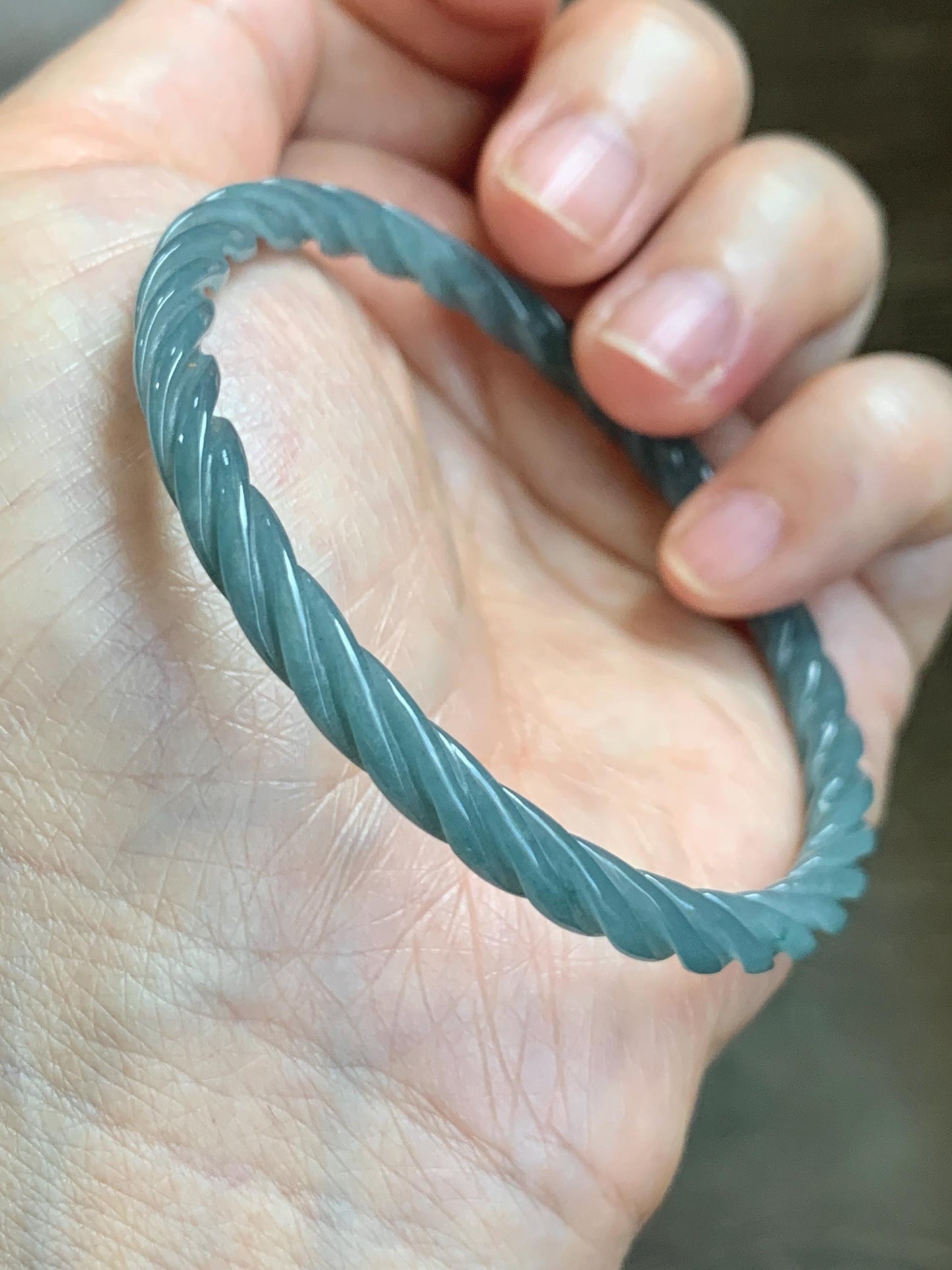 Certified Natural Grade A Guatemalan Icy Translucent Dark Dusty Blue Jade Jadeite Carved Braid Slim Bangle 58mm 7.17” 天然冰危深灰蓝翡翠细麻花手镯 479