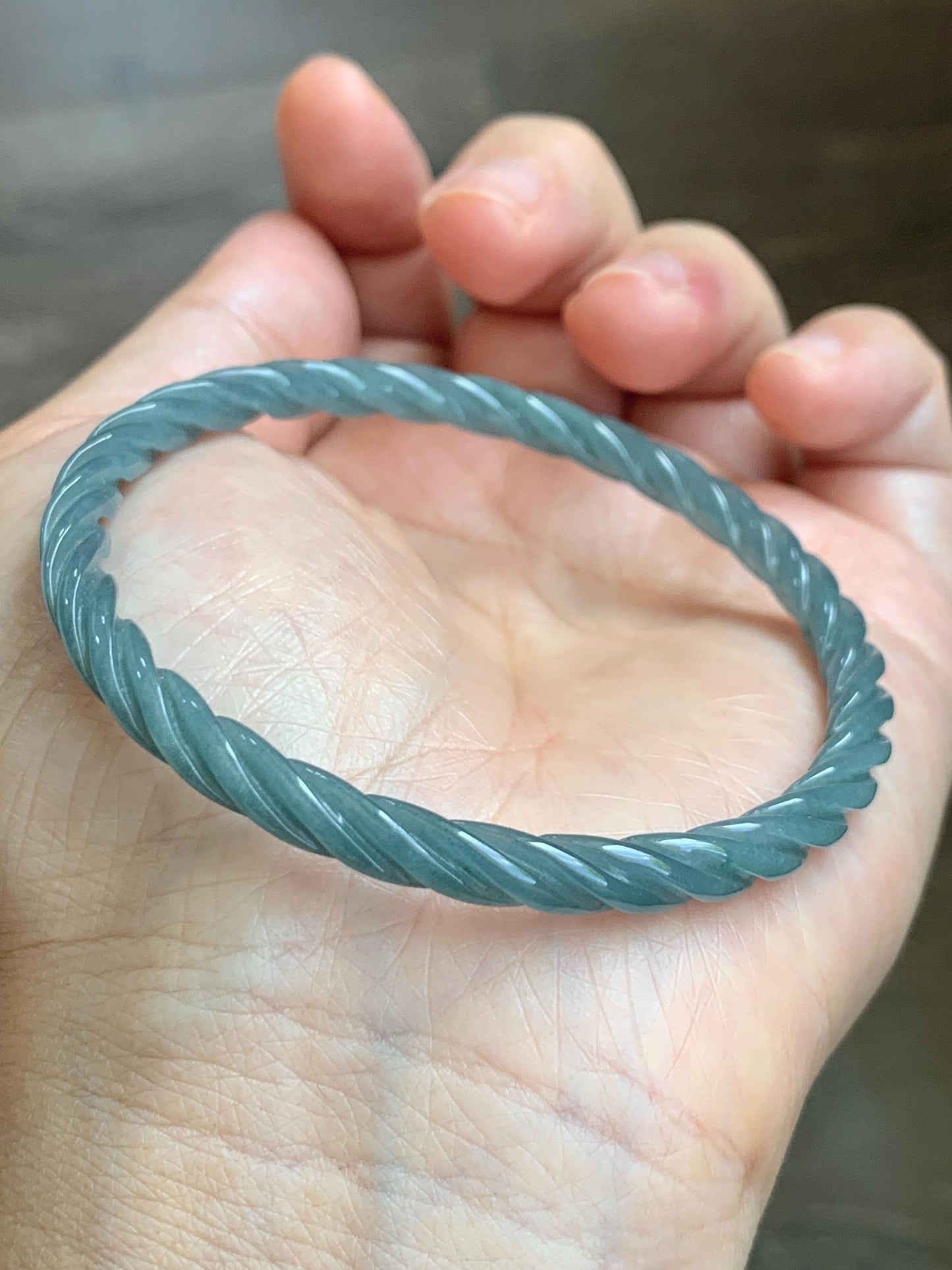 Certified Natural Grade A Guatemalan Icy Translucent Dark Dusty Blue Jade Jadeite Carved Braid Slim Bangle 58mm 7.17” 天然冰危深灰蓝翡翠细麻花手镯 479