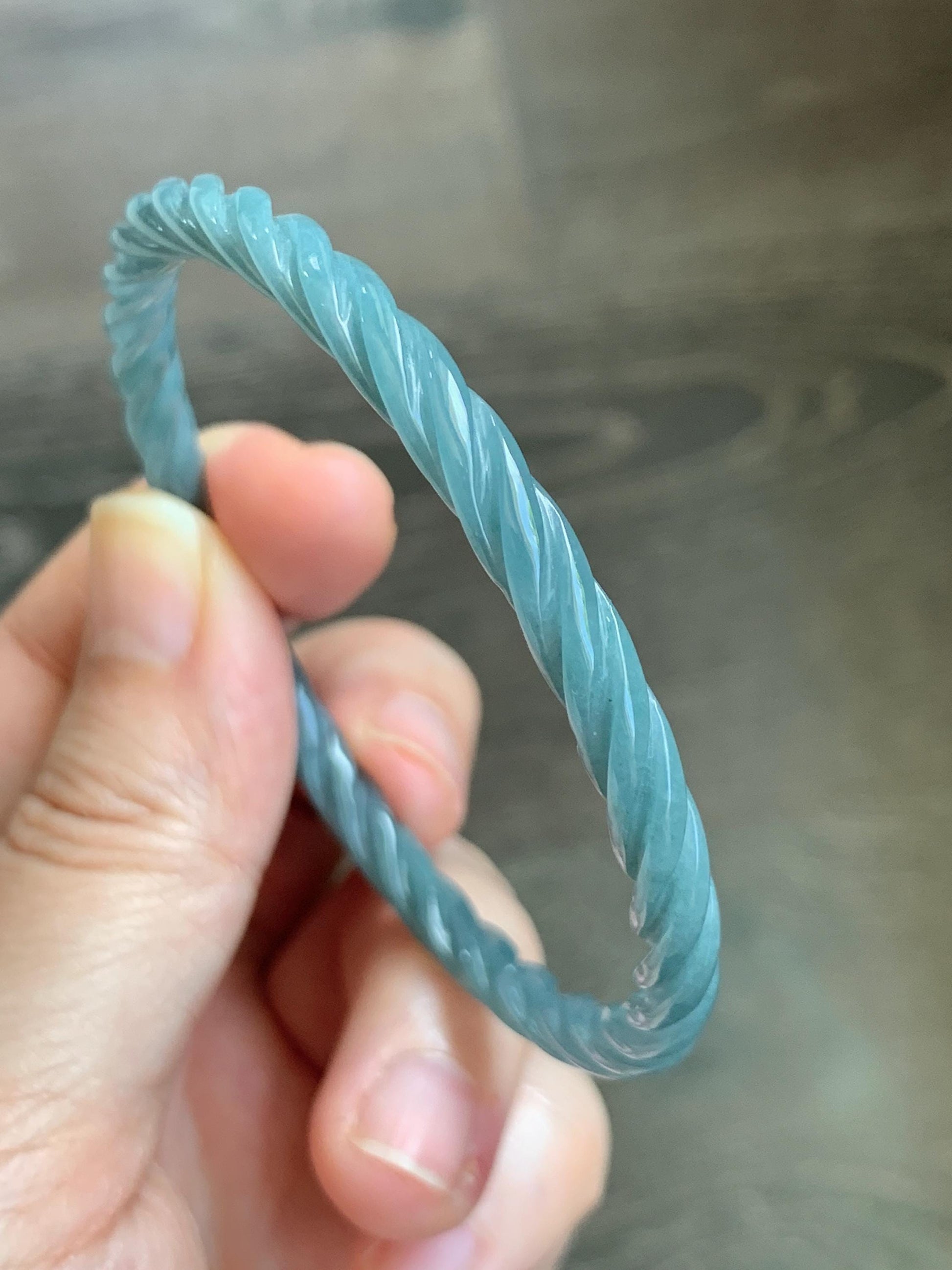Certified Natural Grade A Guatemalan Icy Translucent Dark Dusty Blue Jade Jadeite Carved Braid Slim Bangle 58mm 7.17” 天然冰危深灰蓝翡翠细麻花手镯 479