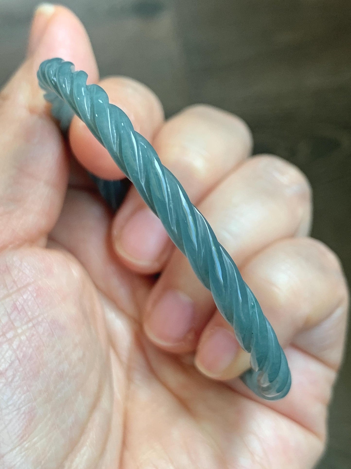 Certified Natural Grade A Guatemalan Icy Translucent Dark Dusty Blue Jade Jadeite Carved Braid Slim Bangle 58mm 7.17” 天然冰危深灰蓝翡翠细麻花手镯 479