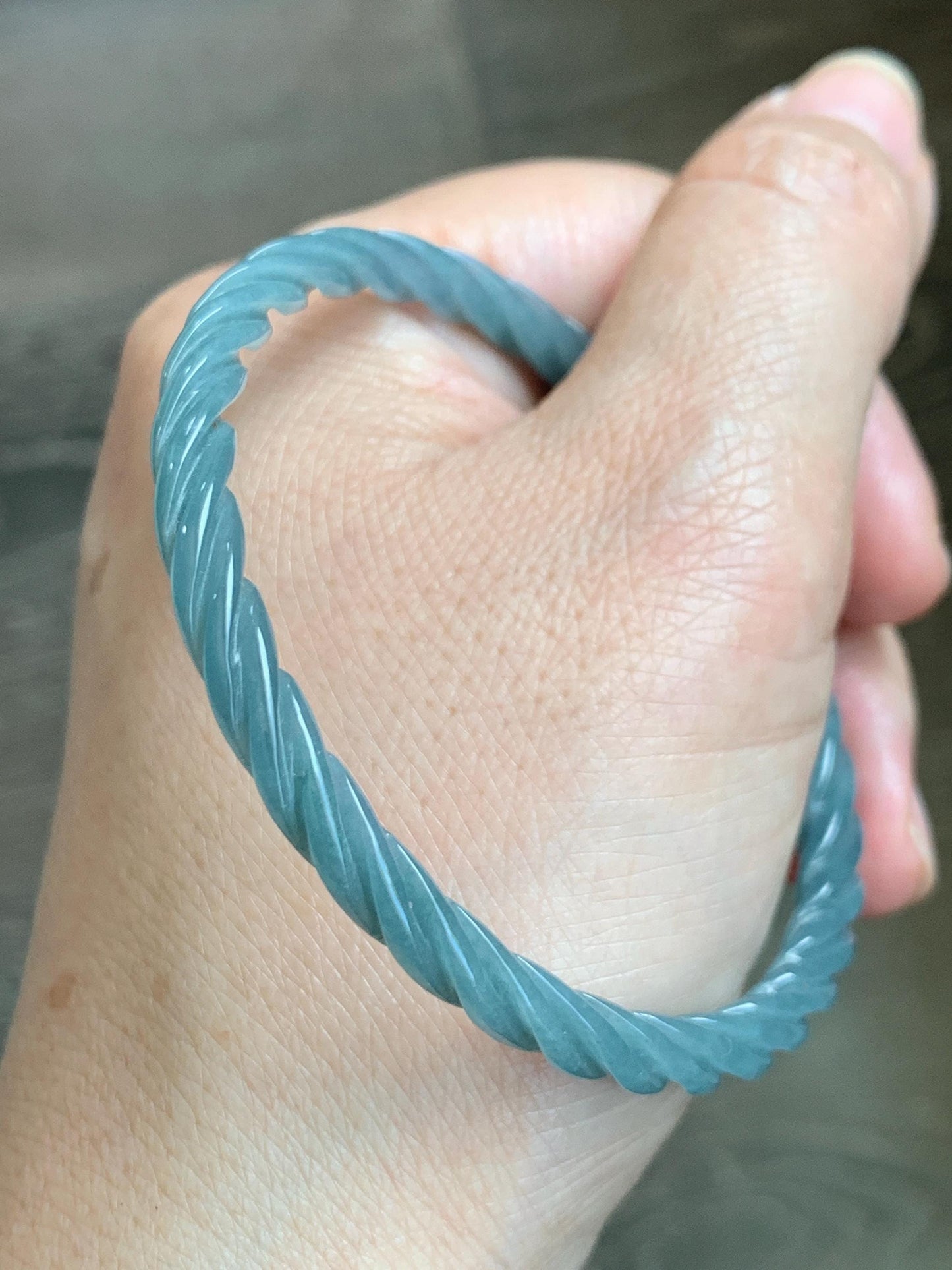 Certified Natural Grade A Guatemalan Icy Translucent Dark Dusty Blue Jade Jadeite Carved Braid Slim Bangle 58mm 7.17” 天然冰危深灰蓝翡翠细麻花手镯 479