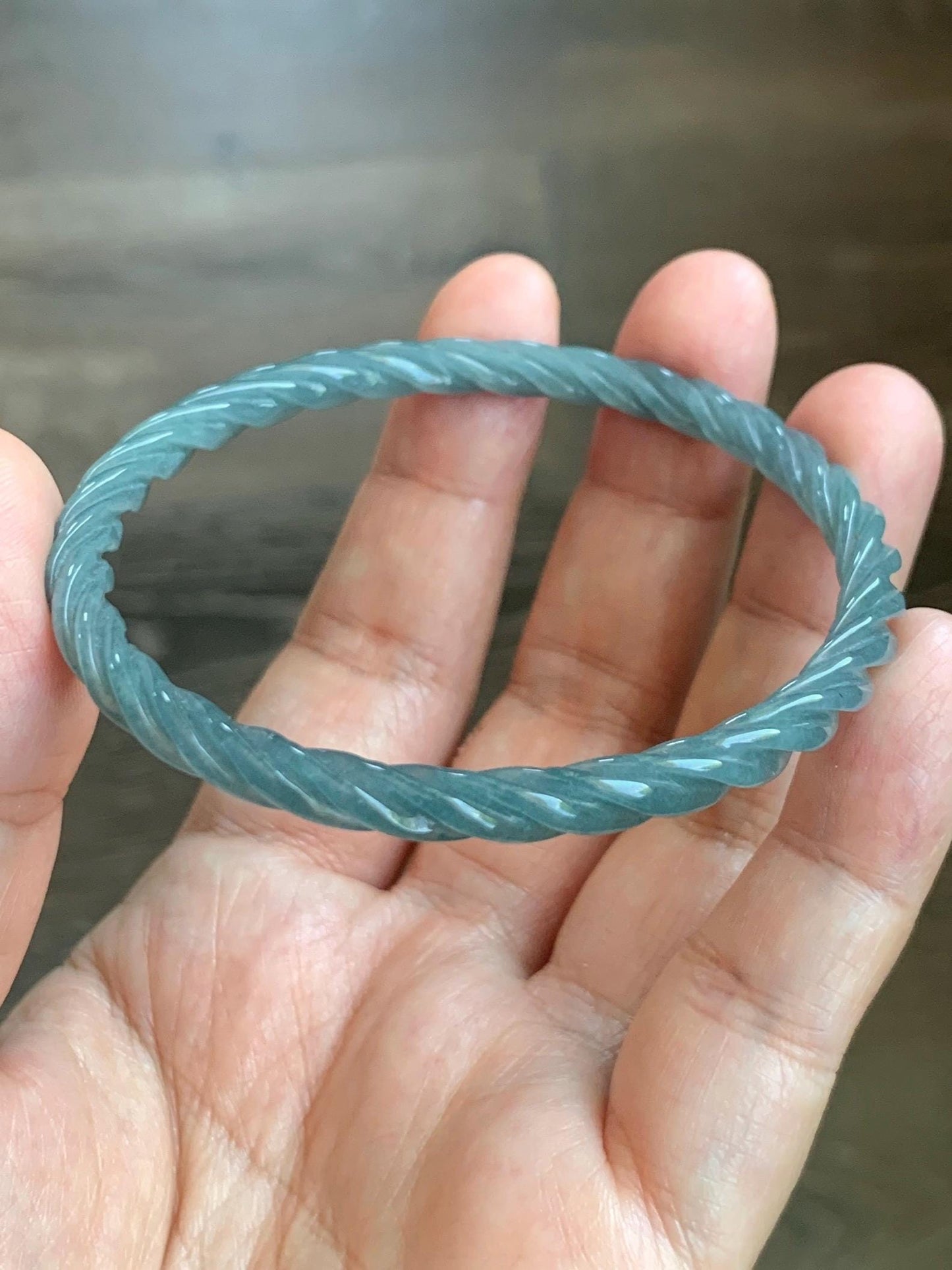 Certified Natural Grade A Guatemalan Icy Translucent Dark Dusty Blue Jade Jadeite Carved Braid Slim Bangle 57.96mm 7.16” 天然冰危深灰蓝翡翠细麻花手镯 476