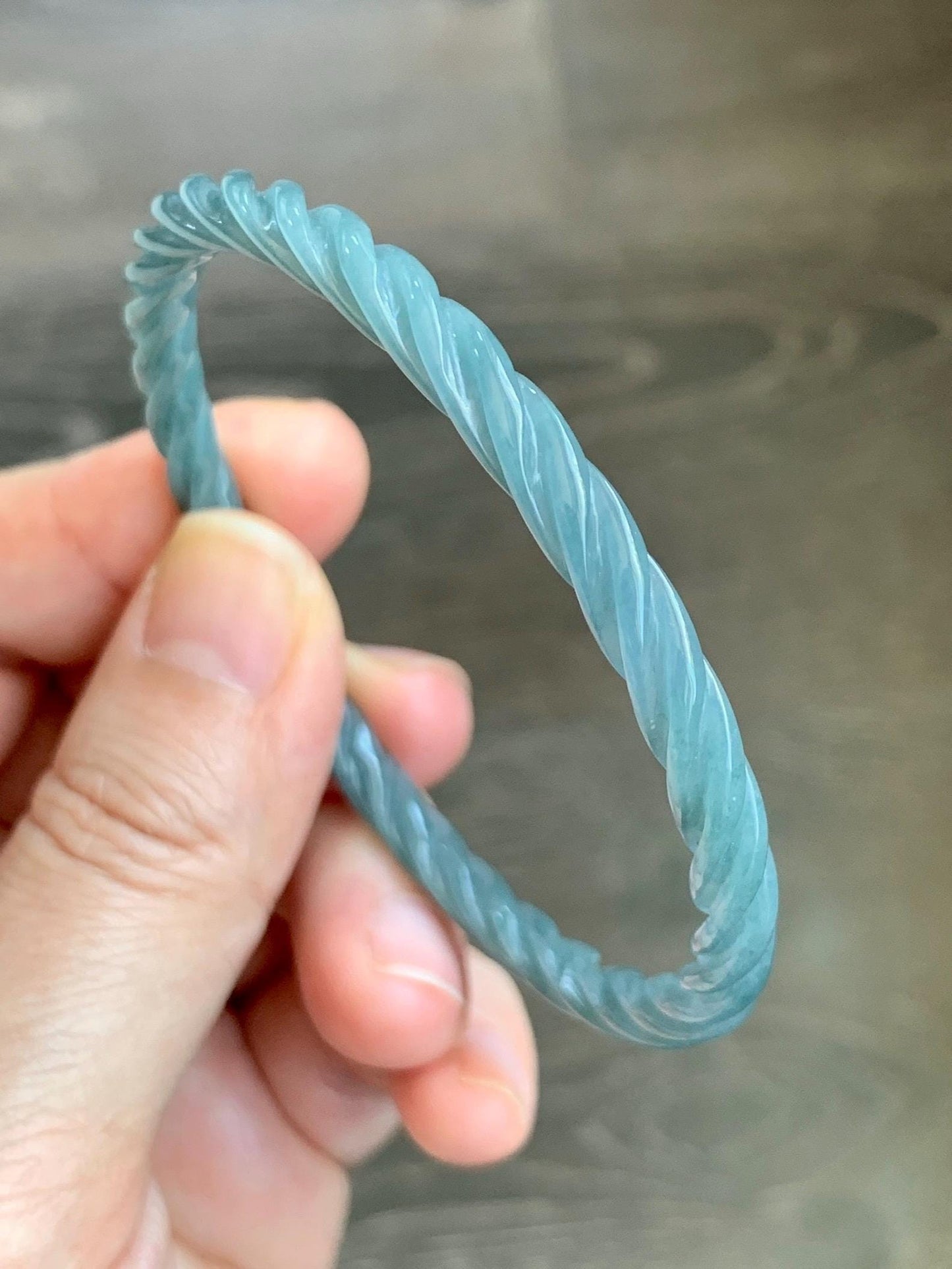 Certified Natural Grade A Guatemalan Icy Translucent Dark Dusty Blue Jade Jadeite Carved Braid Slim Bangle 57.96mm 7.16” 天然冰危深灰蓝翡翠细麻花手镯 476