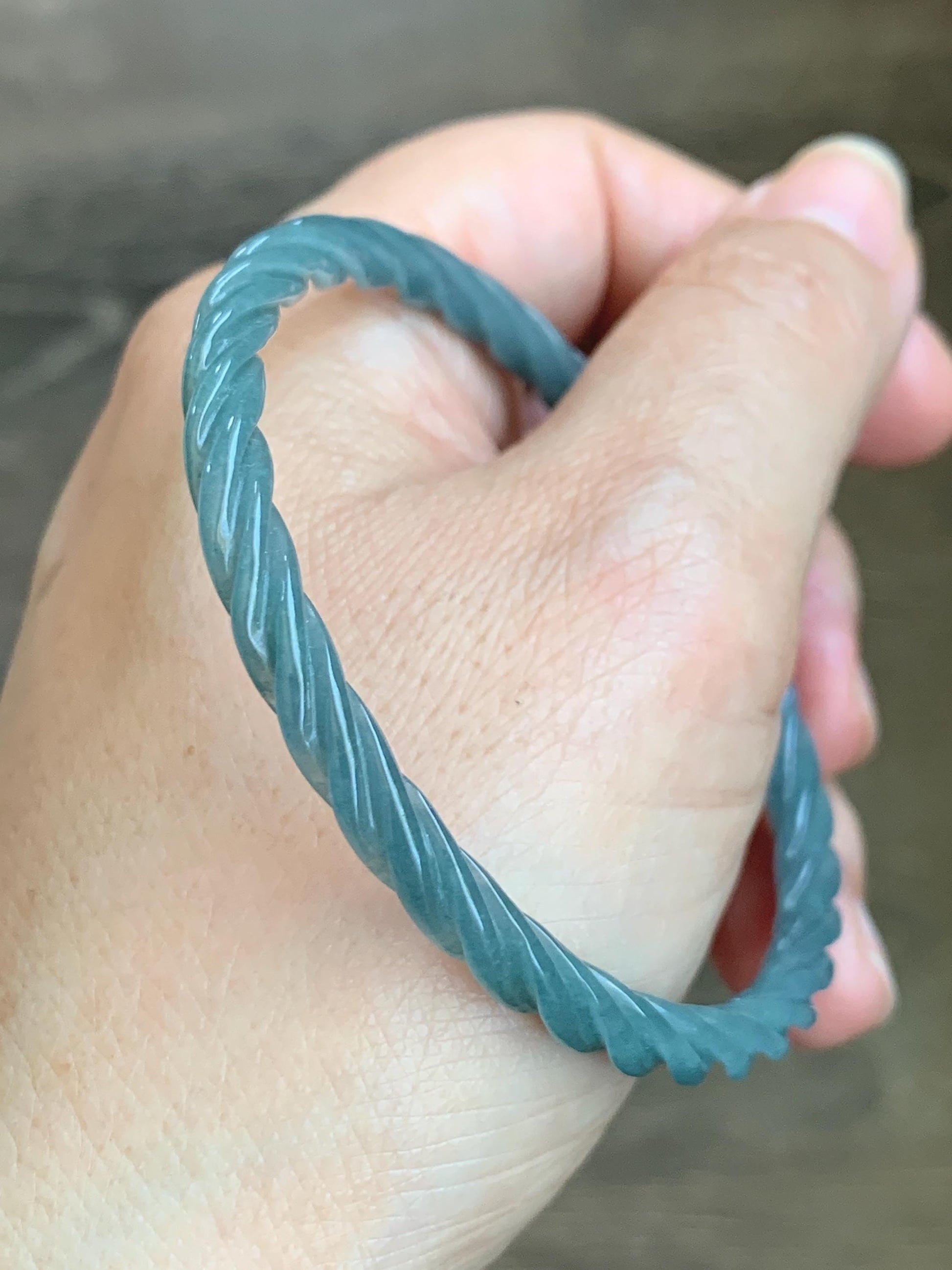 Certified Natural Grade A Guatemalan Icy Translucent Dark Dusty Blue Jade Jadeite Carved Braid Slim Bangle 57.96mm 7.16” 天然冰危深灰蓝翡翠细麻花手镯 476