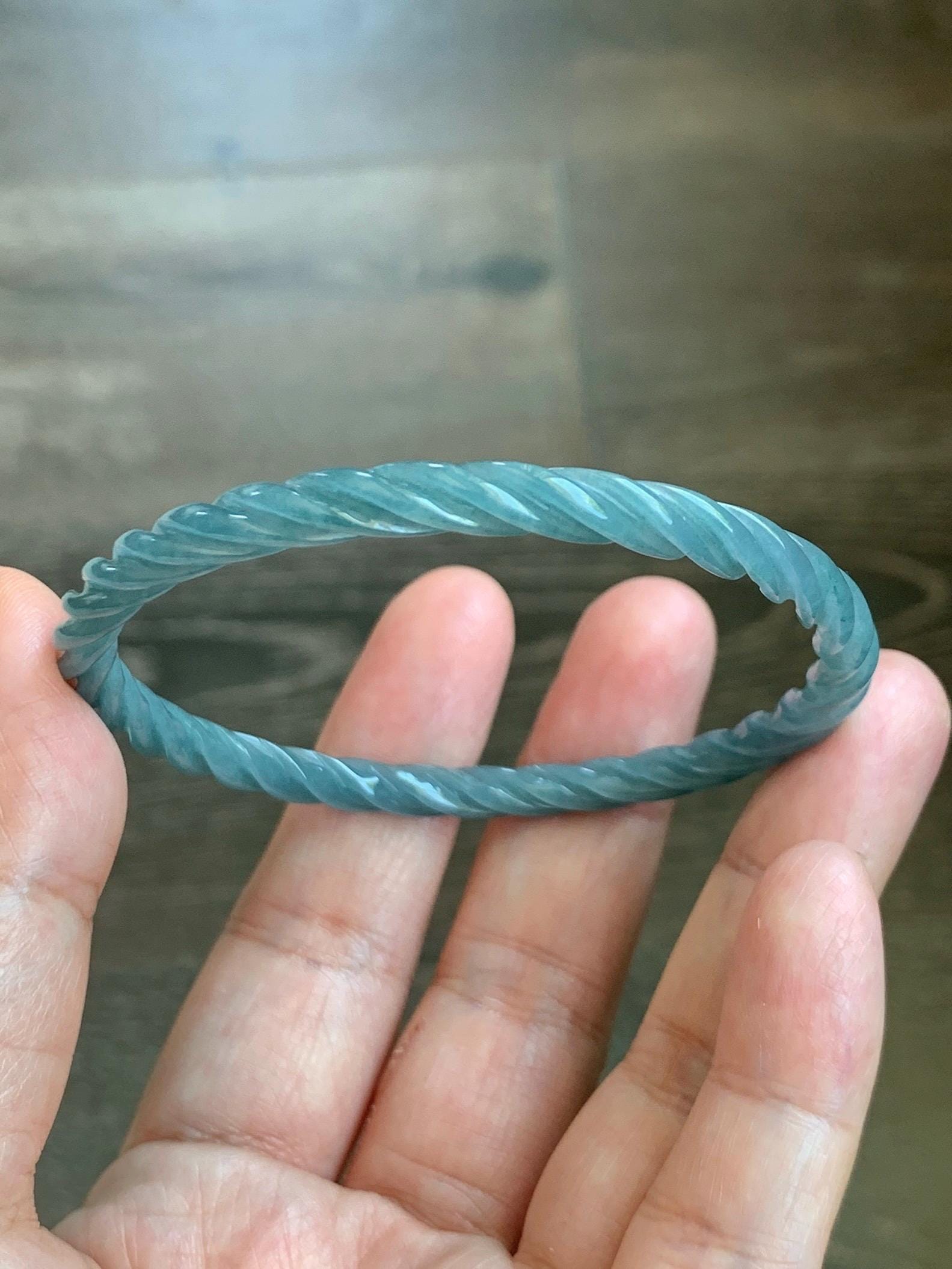 Certified Natural Grade A Guatemalan Icy Translucent Dark Dusty Blue Jade Jadeite Carved Braid Slim Bangle 57.96mm 7.16” 天然冰危深灰蓝翡翠细麻花手镯 476