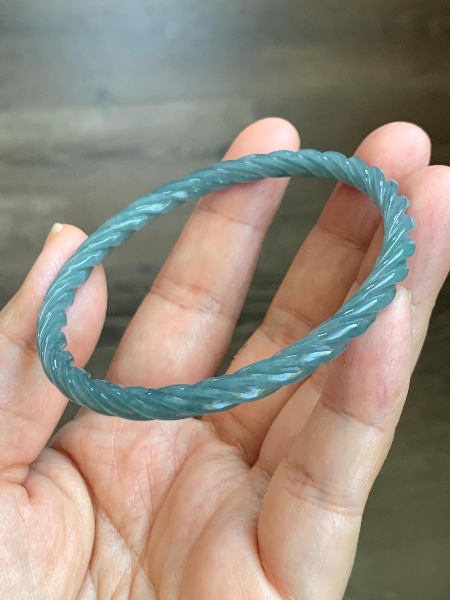 Certified Natural Grade A Guatemalan Icy Translucent Dark Dusty Blue Jade Jadeite Carved Braid Slim Bangle 57.96mm 7.16” 天然冰危深灰蓝翡翠细麻花手镯 476