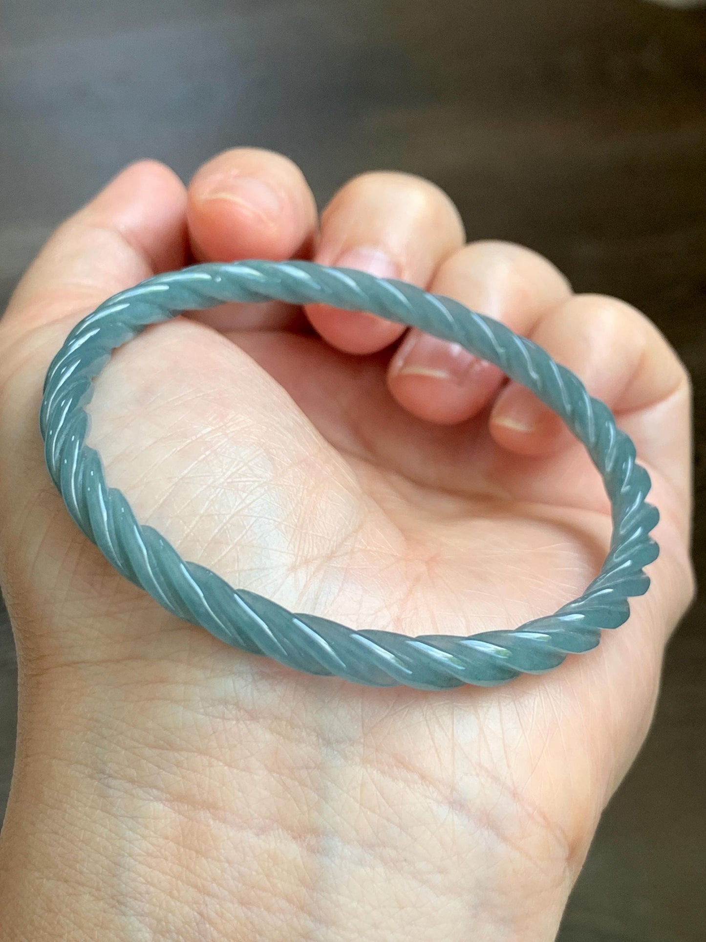 Certified Natural Grade A Guatemalan Icy Translucent Dark Dusty Blue Jade Jadeite Carved Braid Slim Bangle 57.96mm 7.16” 天然冰危深灰蓝翡翠细麻花手镯 476