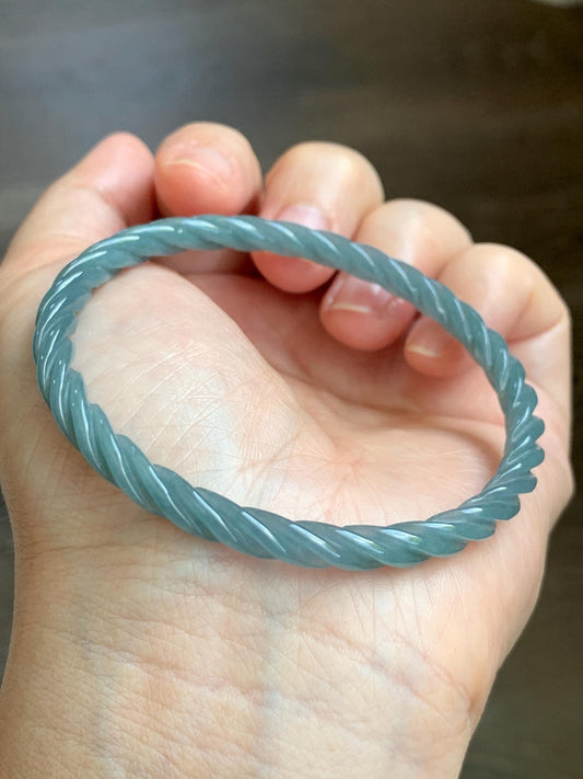Certified Natural Grade A Guatemalan Icy Translucent Dark Dusty Blue Jade Jadeite Carved Braid Slim Bangle 57.96mm 7.16” 天然冰危深灰蓝翡翠细麻花手镯 476