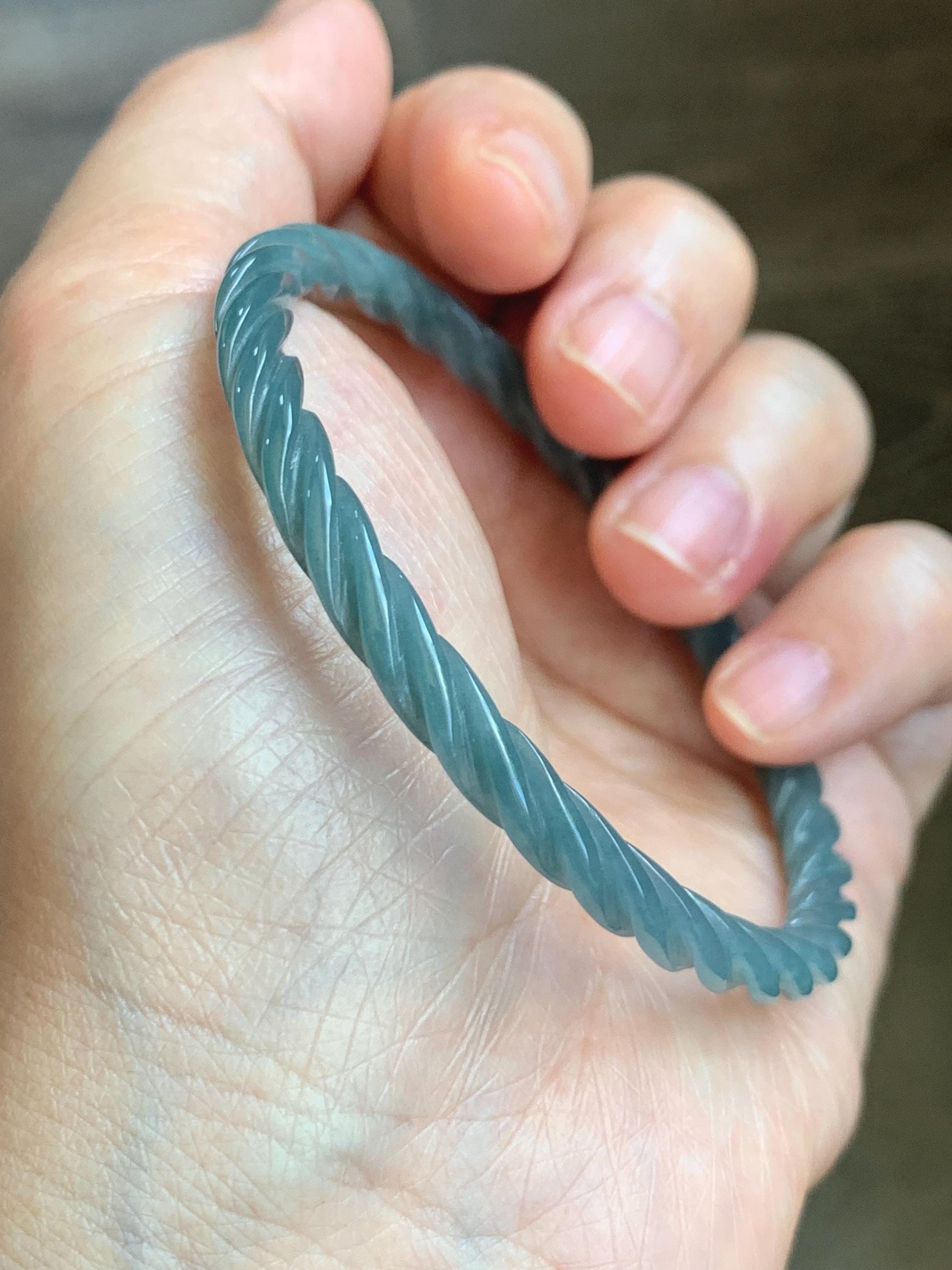 Certified Natural Grade A Guatemalan Icy Translucent Dark Dusty Blue Jade Jadeite Carved Braid Slim Bangle 57.96mm 7.16” 天然冰危深灰蓝翡翠细麻花手镯 476