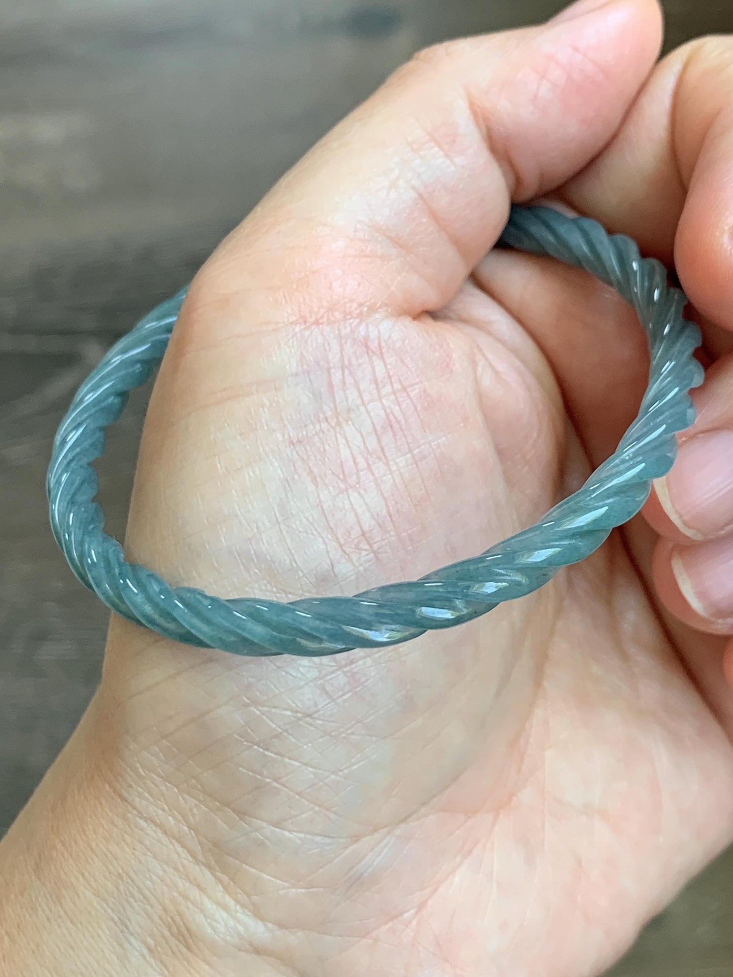 Certified Natural Grade A Guatemalan Icy Translucent Dark Dusty Blue Jade Jadeite Carved Braid Slim Bangle 57.96mm 7.16” 天然冰危深灰蓝翡翠细麻花手镯 476
