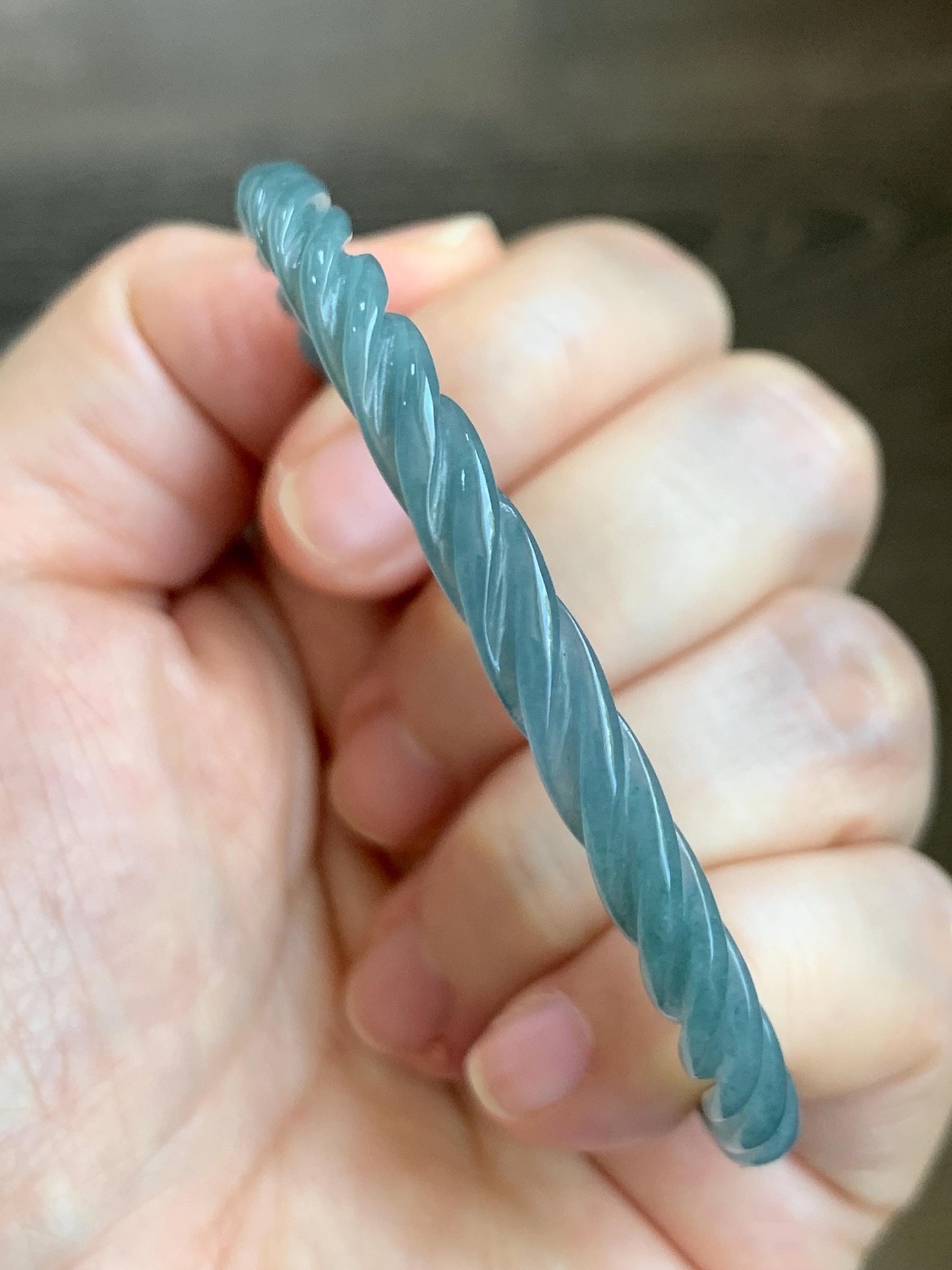 Certified Natural Grade A Guatemalan Icy Translucent Dark Dusty Blue Jade Jadeite Carved Braid Slim Bangle 57.96mm 7.16” 天然冰危深灰蓝翡翠细麻花手镯 476