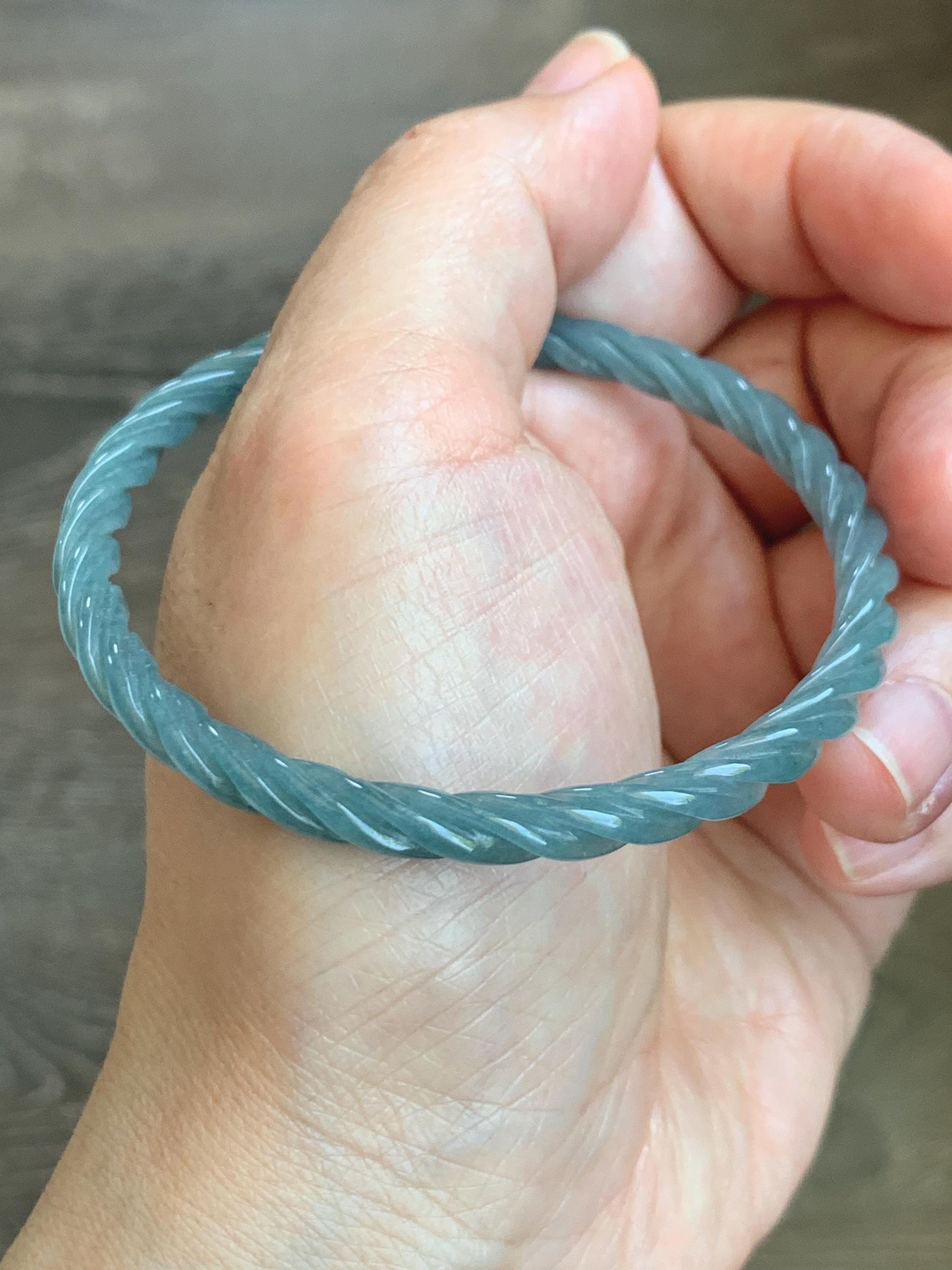 Certified Natural Grade A Guatemalan Icy Translucent Dark Dusty Blue Jade Jadeite Carved Braid Slim Bangle 57.96mm 7.16” 天然冰危深灰蓝翡翠细麻花手镯 476
