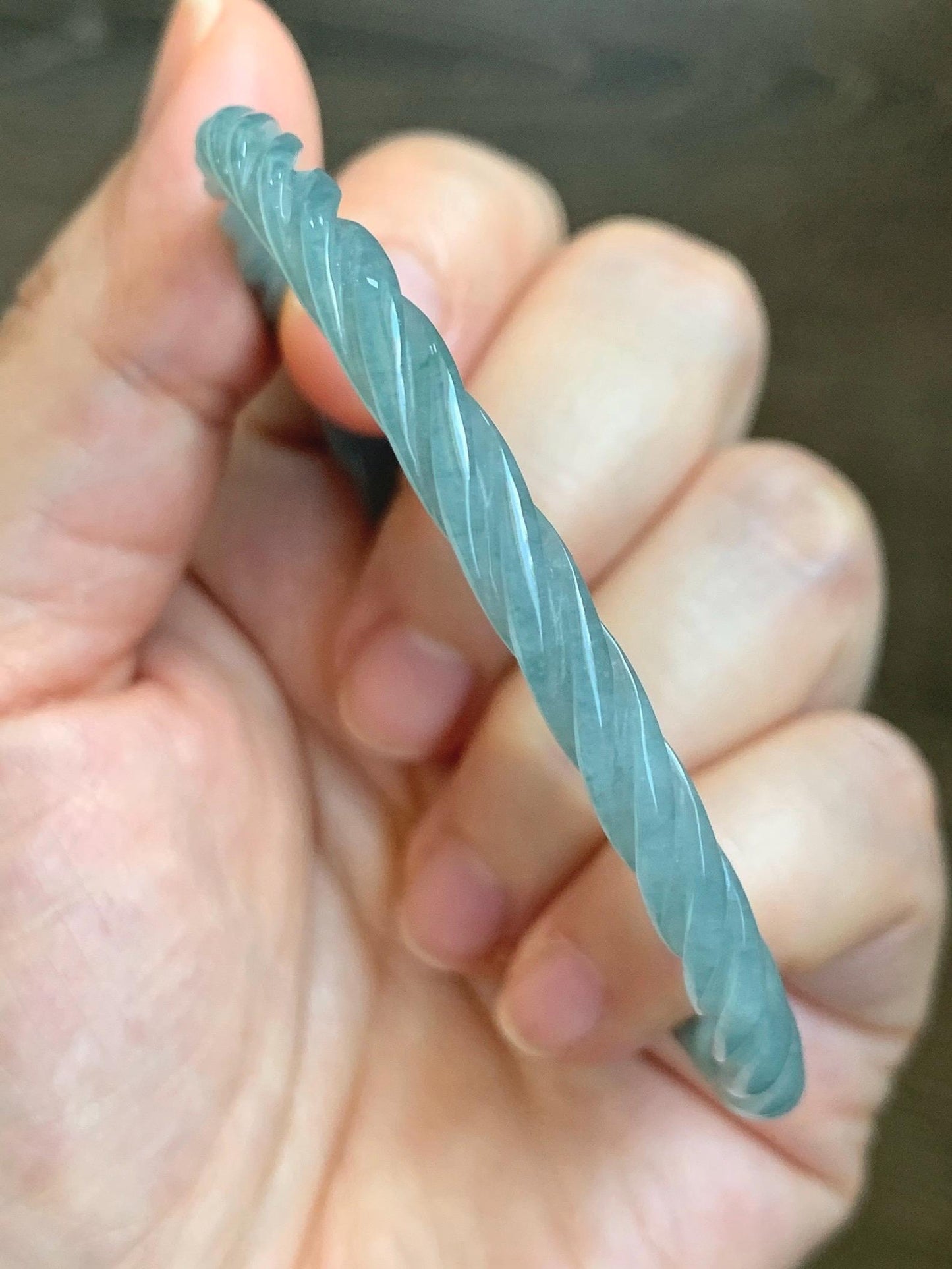 Certified Natural Grade A Guatemalan Icy Translucent Pastel Dusty Blue Jade Jadeite Carved Braid Slim Bangle 62mm 7.67” 天然冰危浅灰蓝翡翠细麻花手镯 482