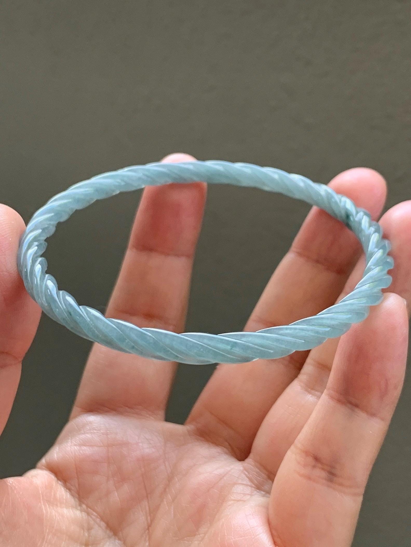 Certified Natural Grade A Guatemalan Icy Translucent Pastel Dusty Blue Jade Jadeite Carved Braid Slim Bangle 62mm 7.67” 天然冰危浅灰蓝翡翠细麻花手镯 482