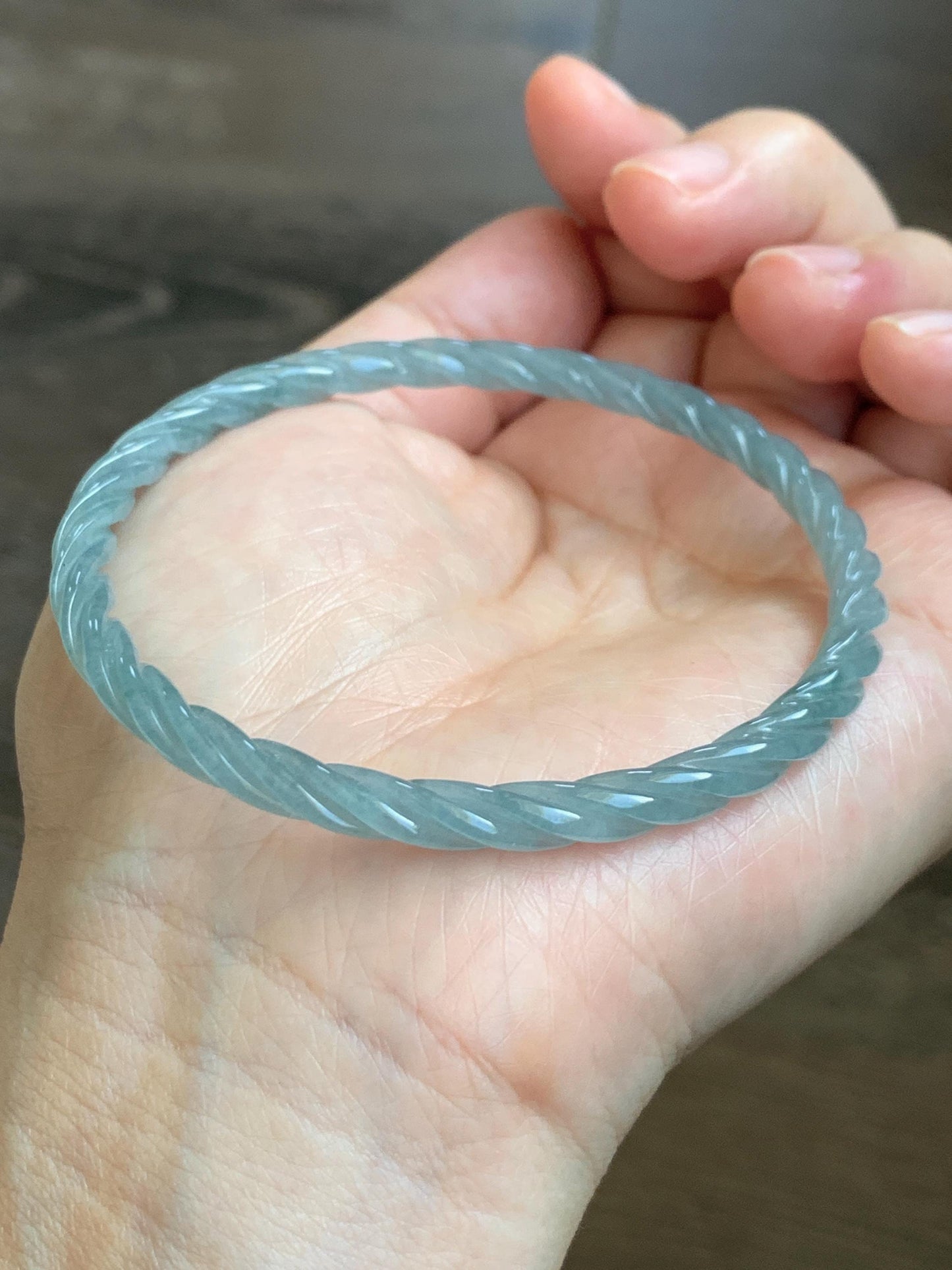 Certified Natural Grade A Guatemalan Icy Translucent Pastel Dusty Blue Jade Jadeite Carved Braid Slim Bangle 62mm 7.67” 天然冰危浅灰蓝翡翠细麻花手镯 482