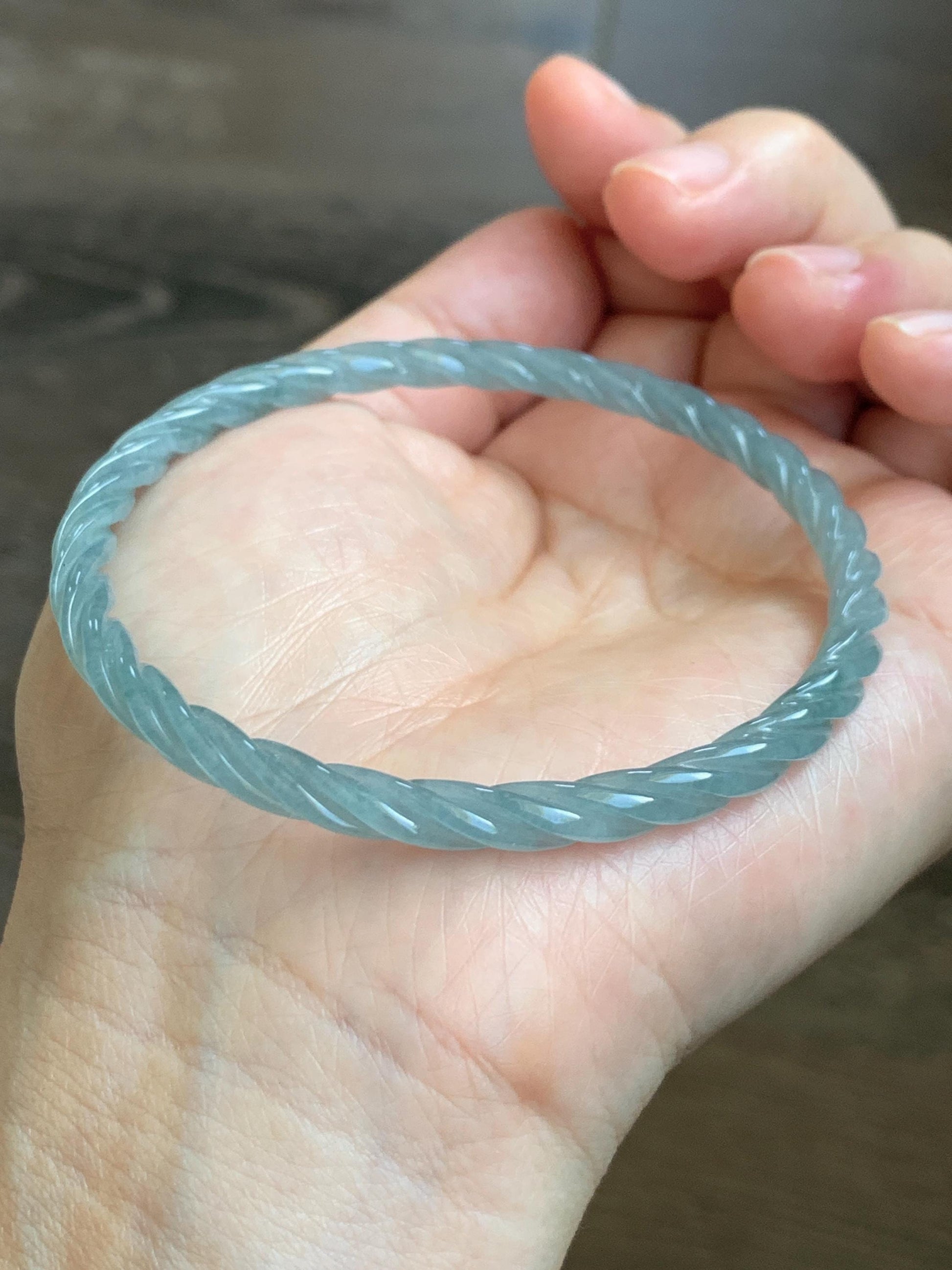 Certified Natural Grade A Guatemalan Icy Translucent Pastel Dusty Blue Jade Jadeite Carved Braid Slim Bangle 62mm 7.67” 天然冰危浅灰蓝翡翠细麻花手镯 482
