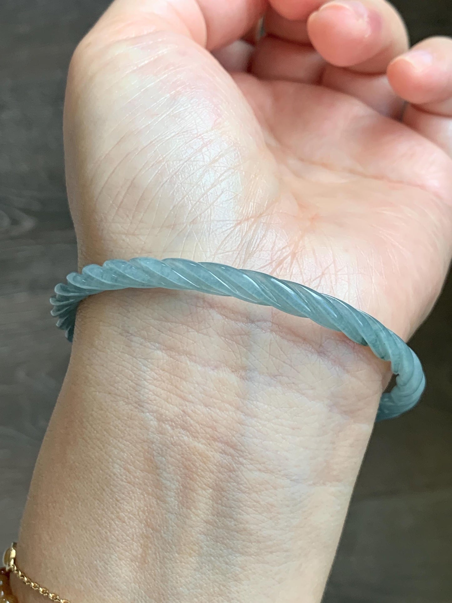 Certified Natural Grade A Guatemalan Icy Translucent Pastel Dusty Blue Jade Jadeite Carved Braid Slim Bangle 62mm 7.67” 天然冰危浅灰蓝翡翠细麻花手镯 482