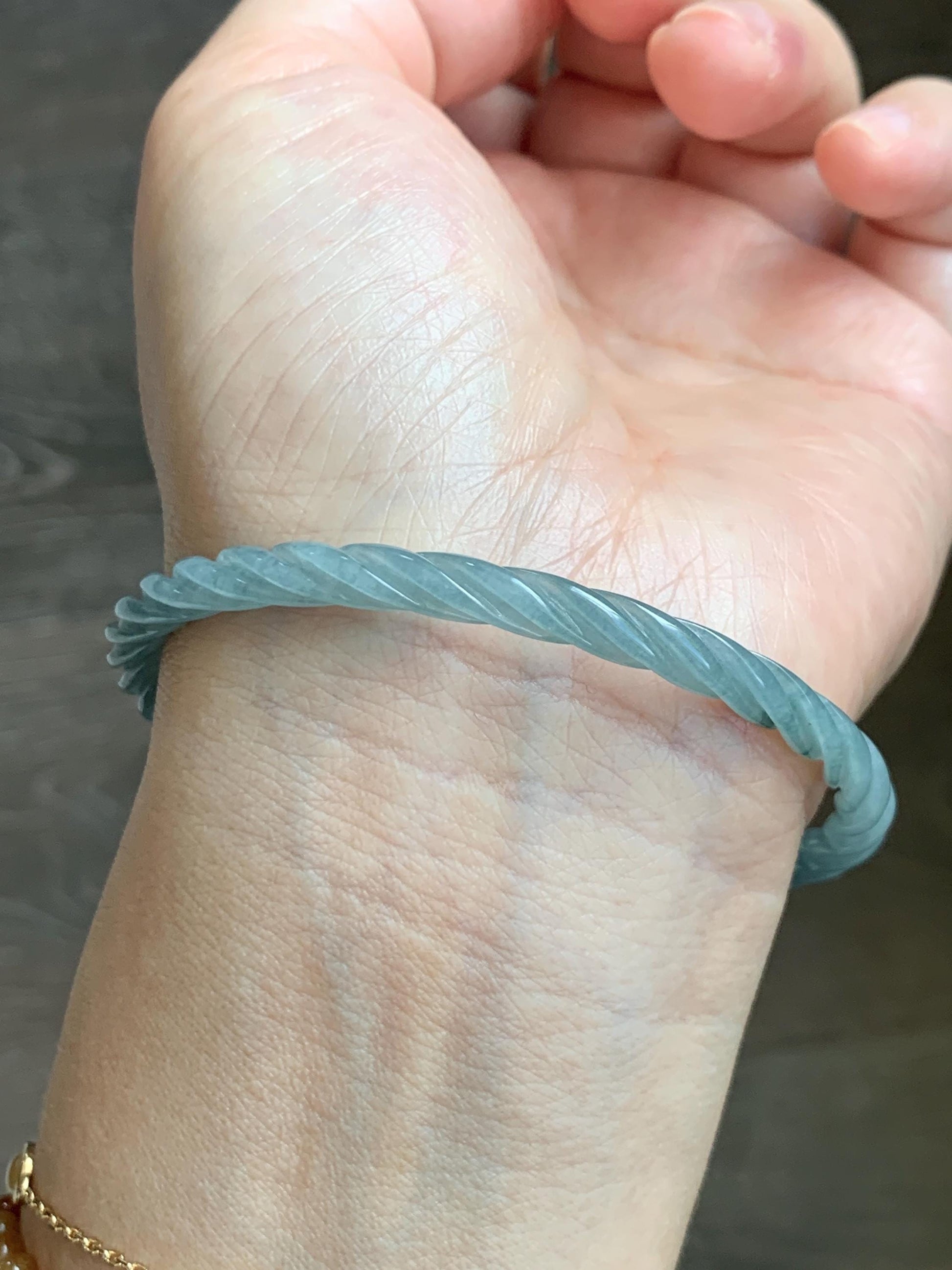 Certified Natural Grade A Guatemalan Icy Translucent Pastel Dusty Blue Jade Jadeite Carved Braid Slim Bangle 62mm 7.67” 天然冰危浅灰蓝翡翠细麻花手镯 482