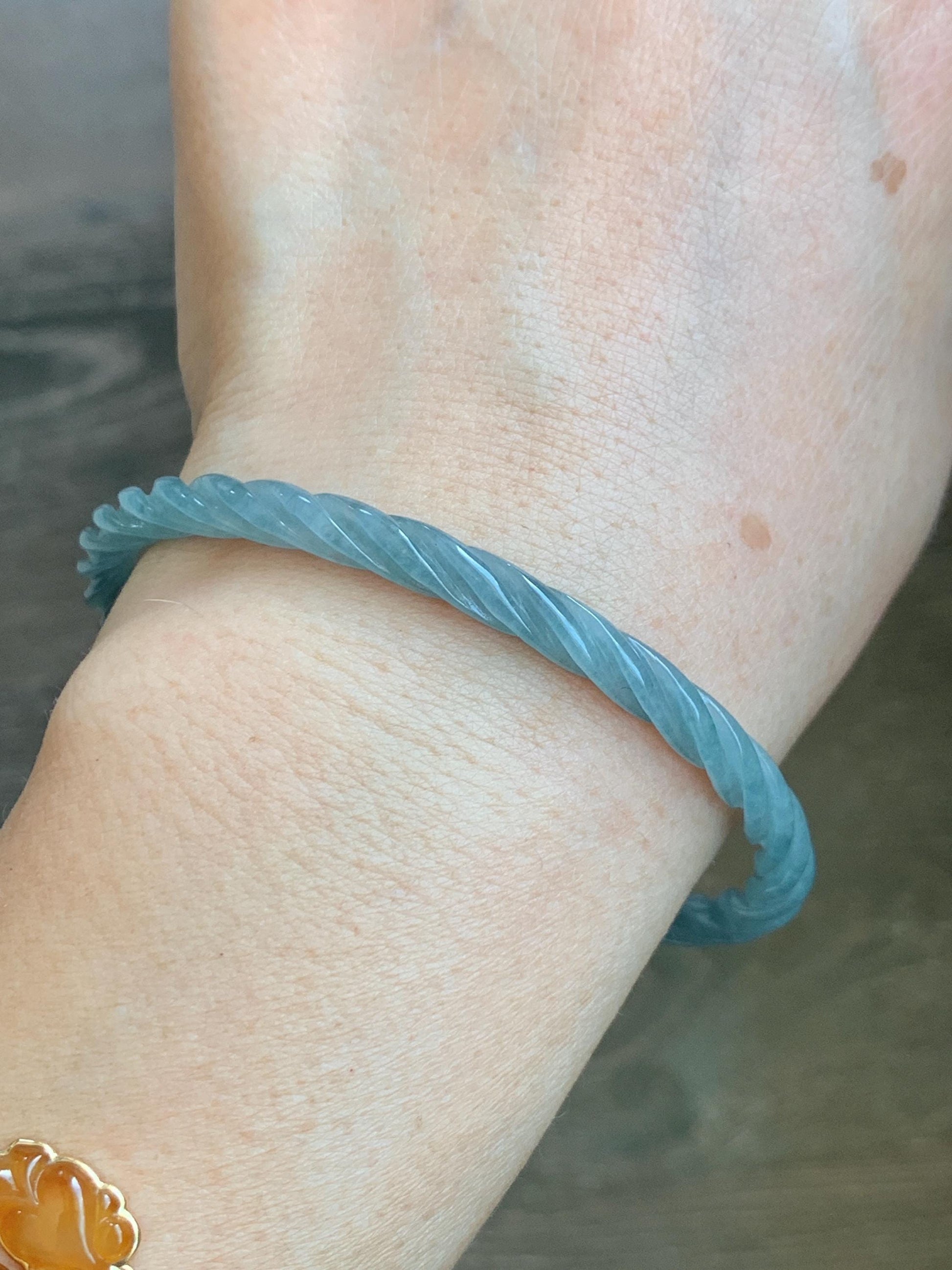 Certified Natural Grade A Guatemalan Icy Translucent Pastel Dusty Blue Jade Jadeite Carved Braid Slim Bangle 62mm 7.67” 天然冰危浅灰蓝翡翠细麻花手镯 482
