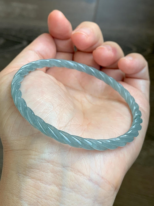 Certified Natural Grade A Guatemalan Icy Translucent Pastel Dusty Blue Jade Jadeite Carved Braid Slim Bangle 62mm 7.67” 天然冰危浅灰蓝翡翠细麻花手镯 482