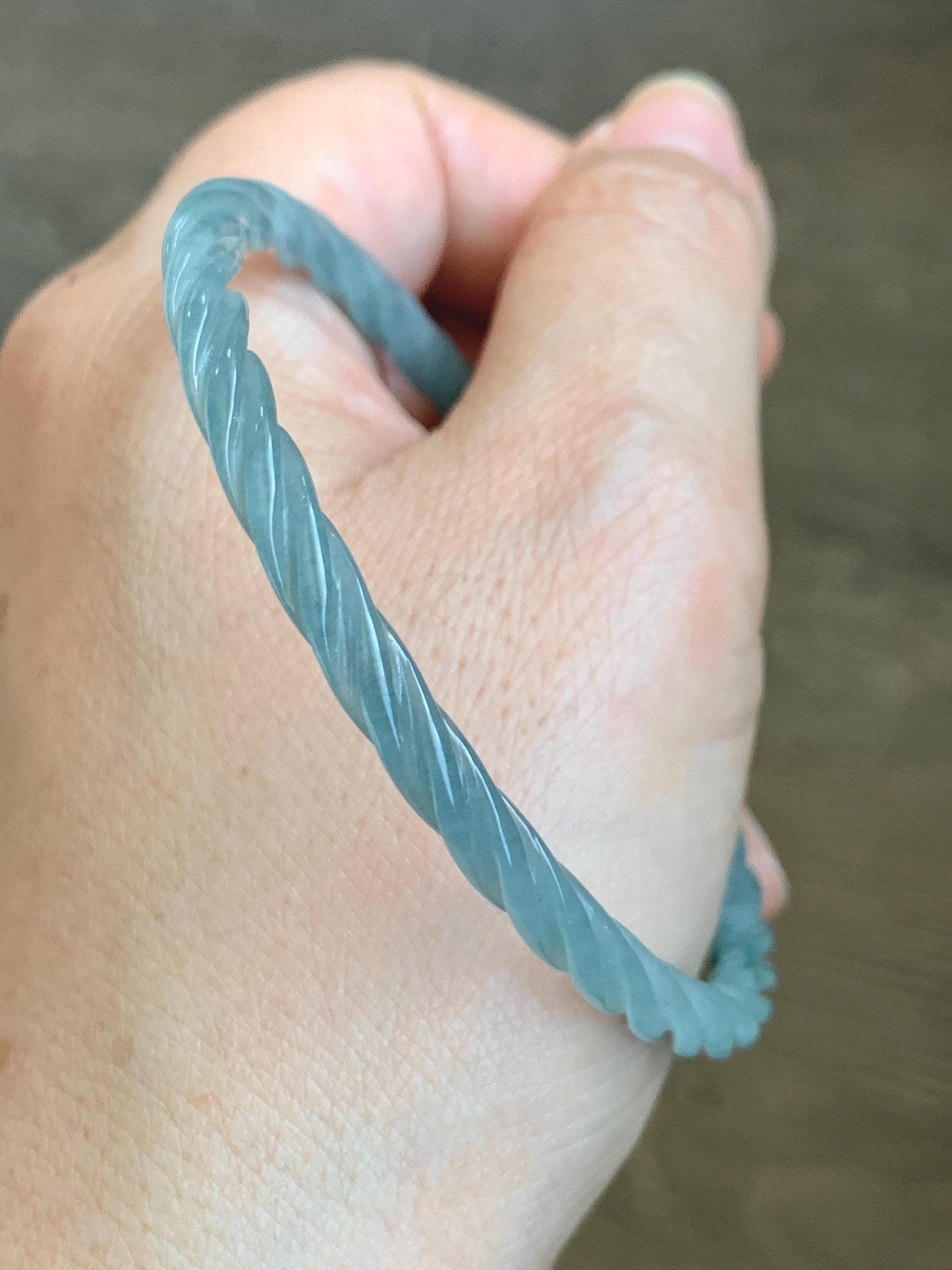 Certified Natural Grade A Guatemalan Icy Translucent Pastel Dusty Blue Jade Jadeite Carved Braid Slim Bangle 62mm 7.67” 天然冰危浅灰蓝翡翠细麻花手镯 482